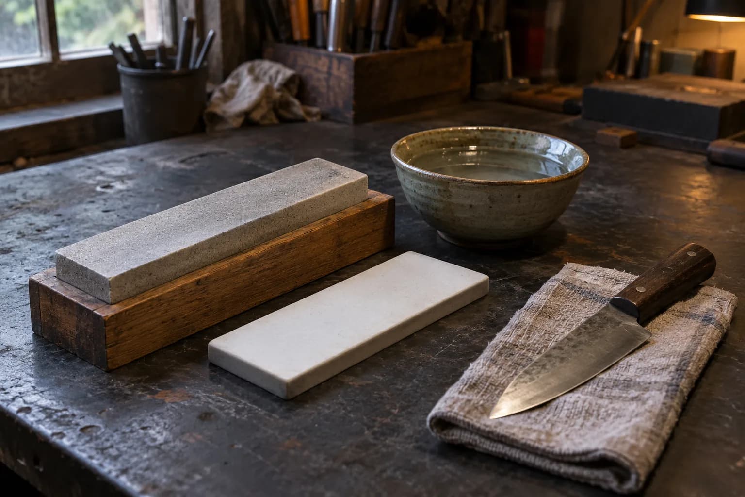 Bench stone in a wood holder, a white ceramic hone, a water bowl and a carbon-steel knife on a folded cloth