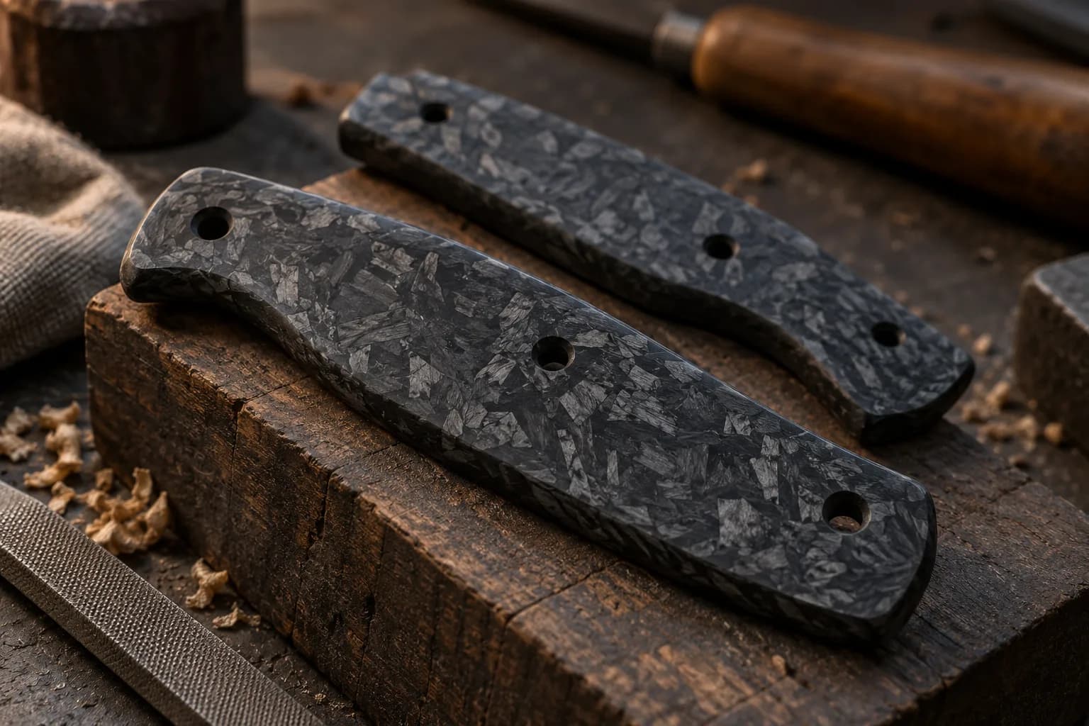Two shaped forged-carbon knife scales with pin holes on a wood block, showing random chopped dark fiber fragments.