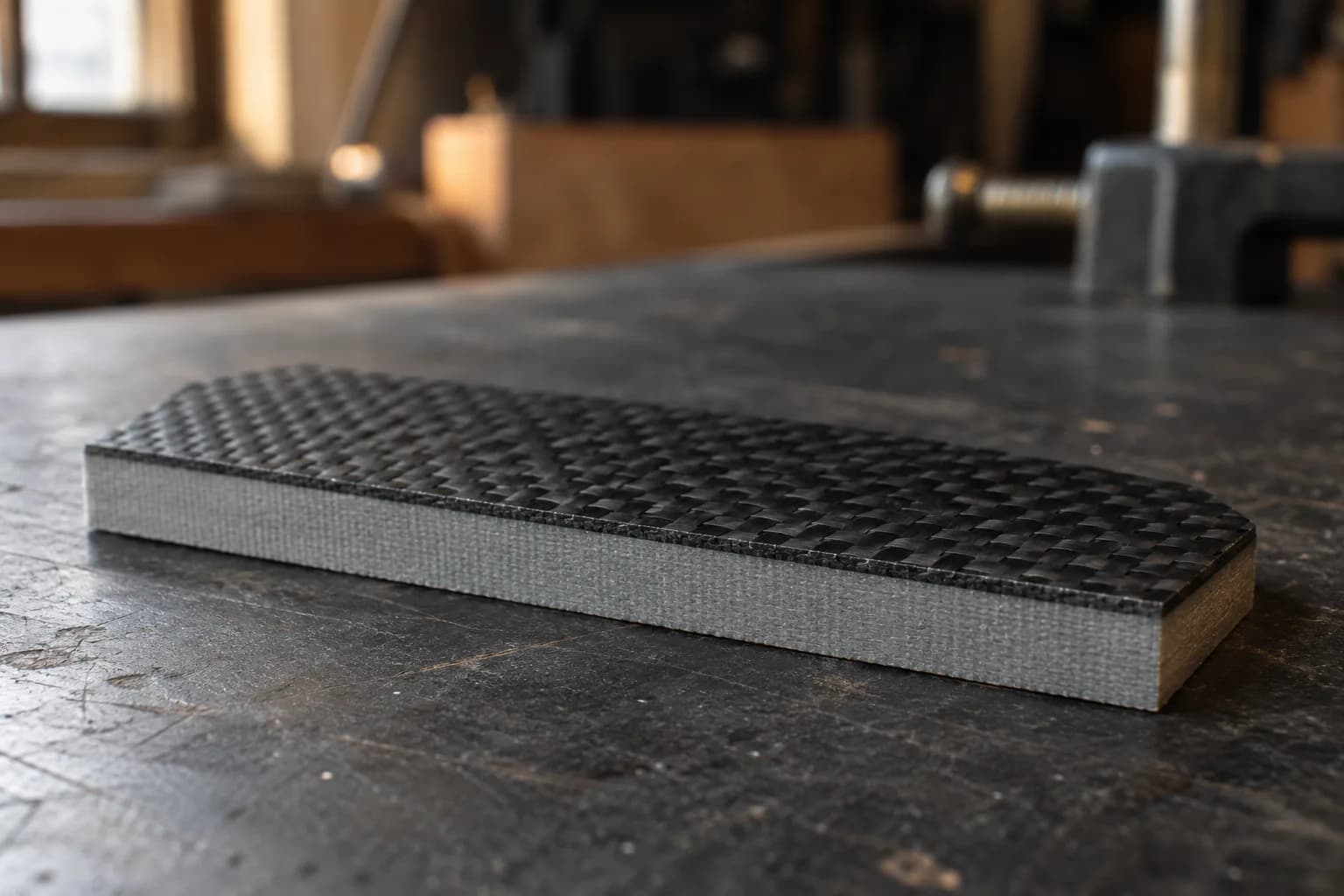 Side view of a thin woven carbon-fiber face bonded to a thicker gray G10 core, resting on a dark bench.