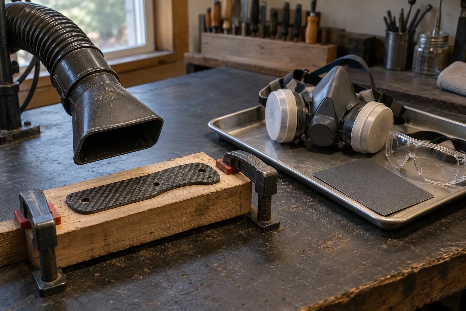 Carbon-fiber scale blank on a wood block with an extraction nozzle, with a cartridge respirator and goggles on a tray.