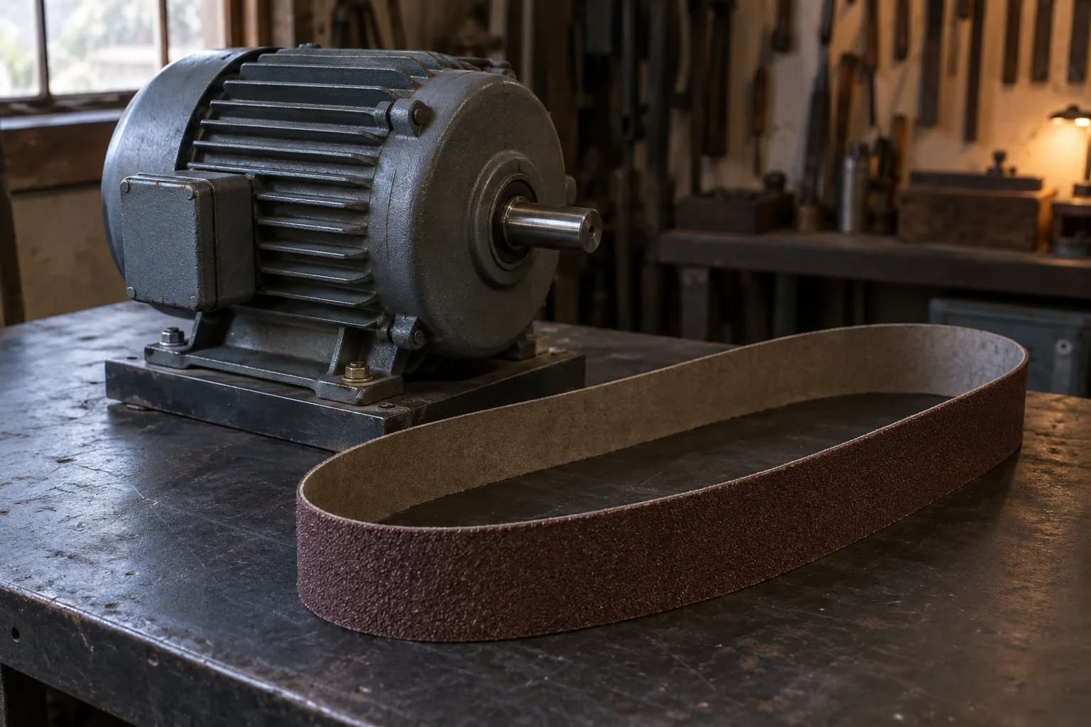 Finned electric motor bolted to a steel base on a dark bench beside a coarse red-brown abrasive belt laid in an oval.