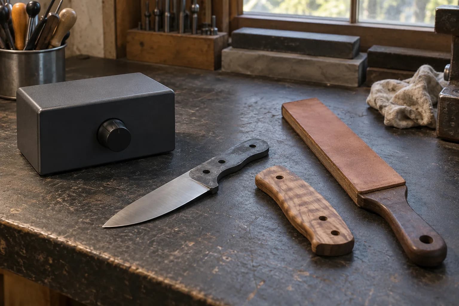Closed gray control box with one black knob beside a knife blank, a figured wood handle scale and a leather strop paddle.