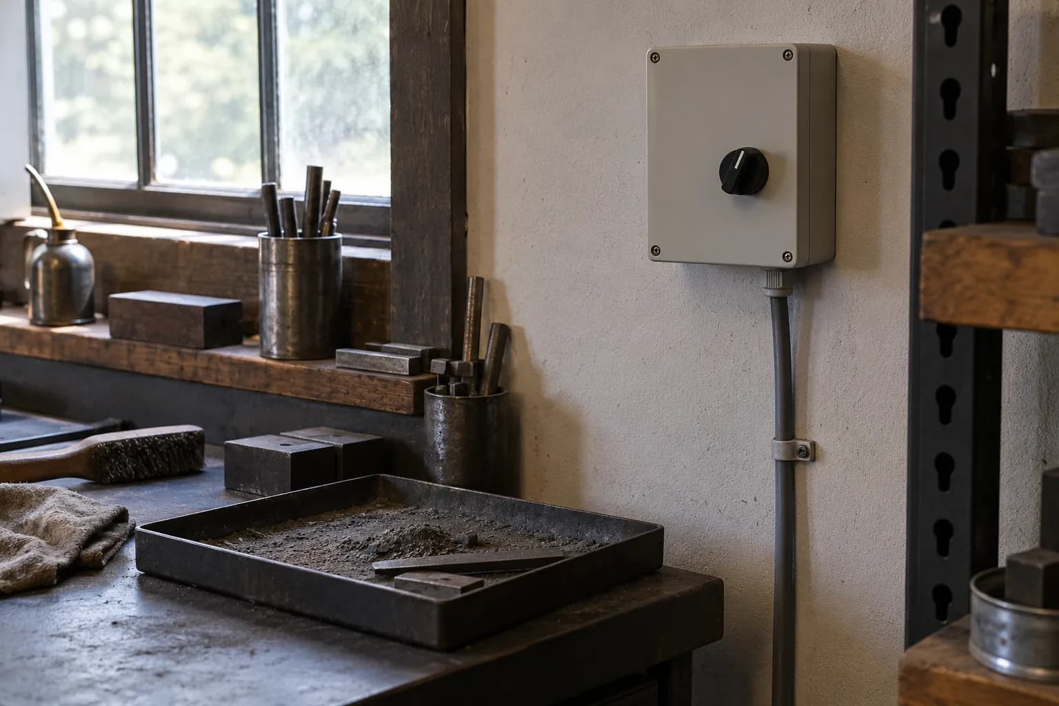 Gray wall-mounted control enclosure with a black rotary knob, beside a bench tray of settled gray grinding dust.