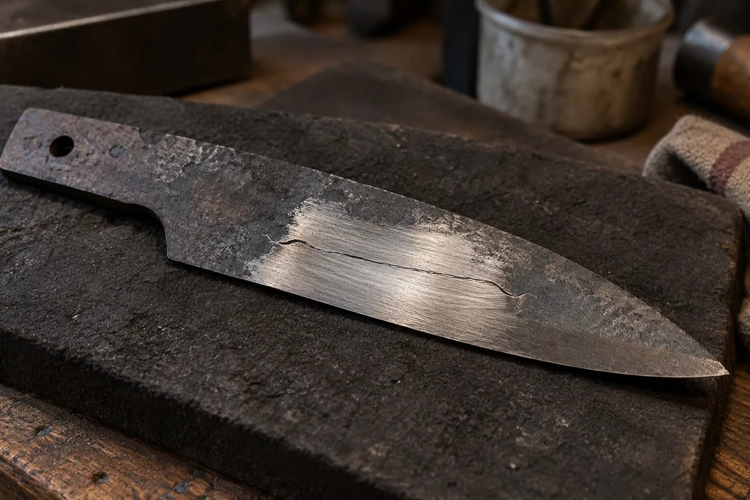 Forged knife blank on a dark pad with a ground bright window crossed by a thin dark seam that stays visible.