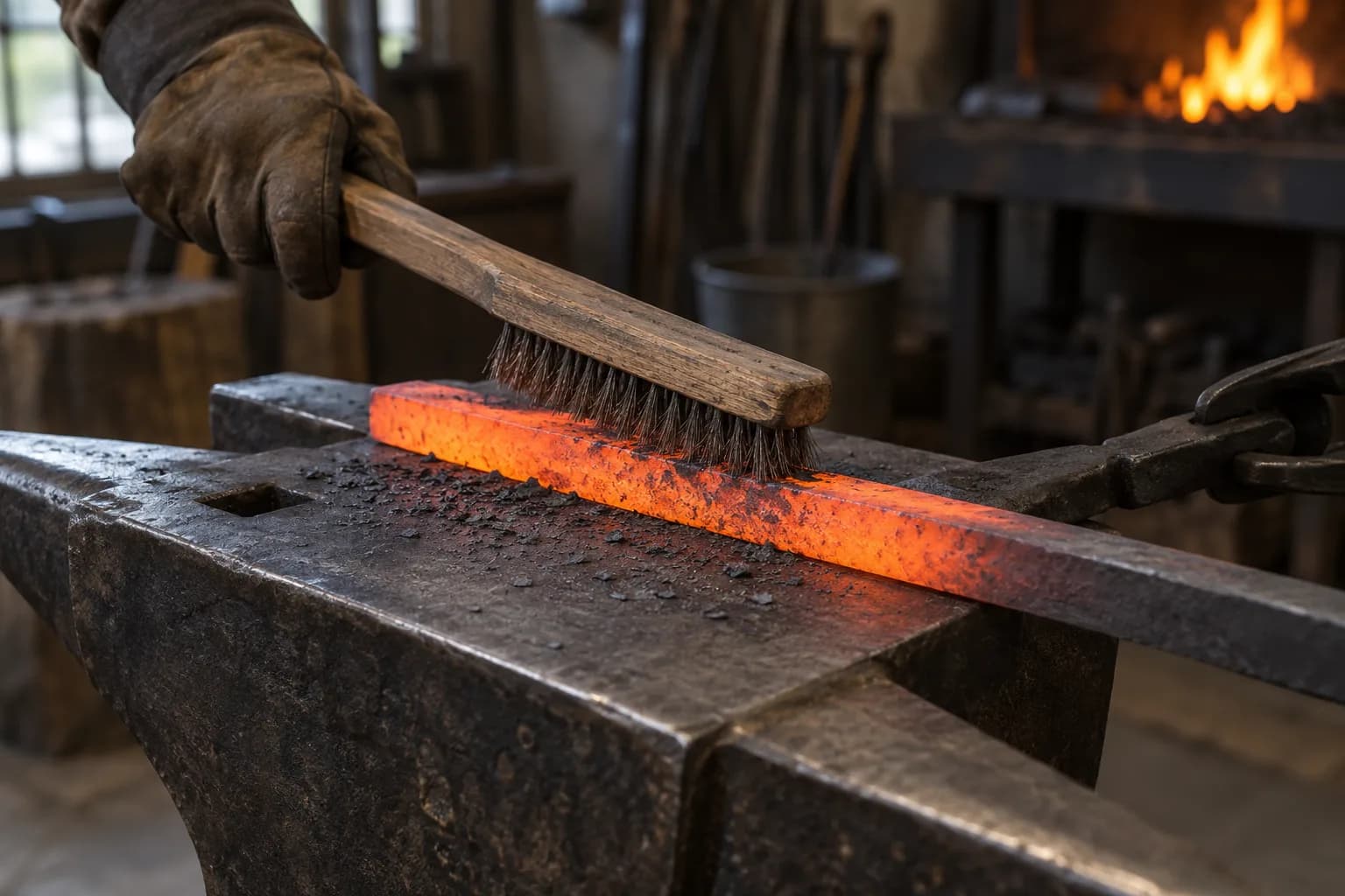 Gloved hand brushing loose scale off a glowing orange bar lying on an anvil, with flakes of scale on the face.