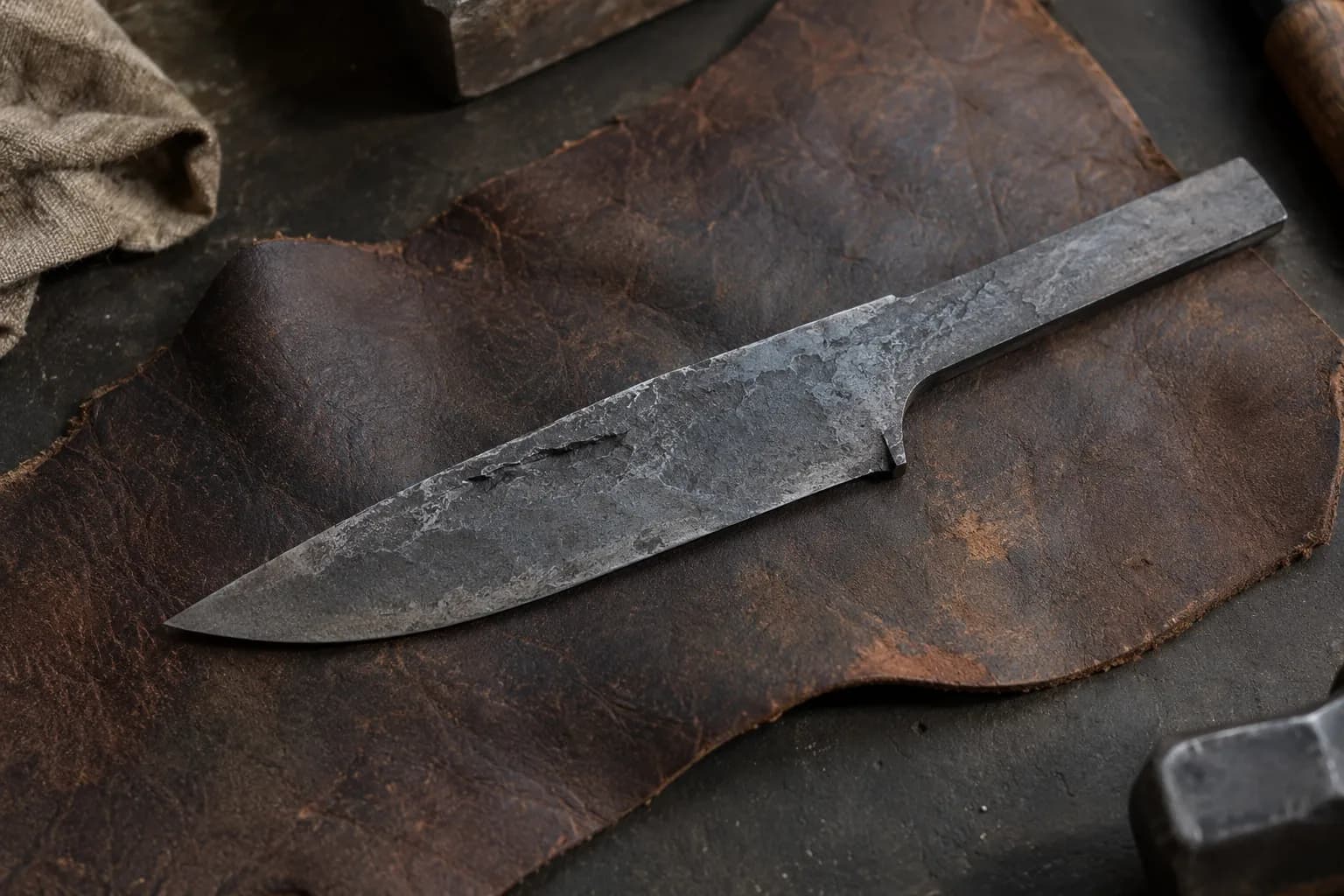 Rough forged knife blank on a brown leather pad with a short dark lap seam in the hammer-textured flat near the tang.
