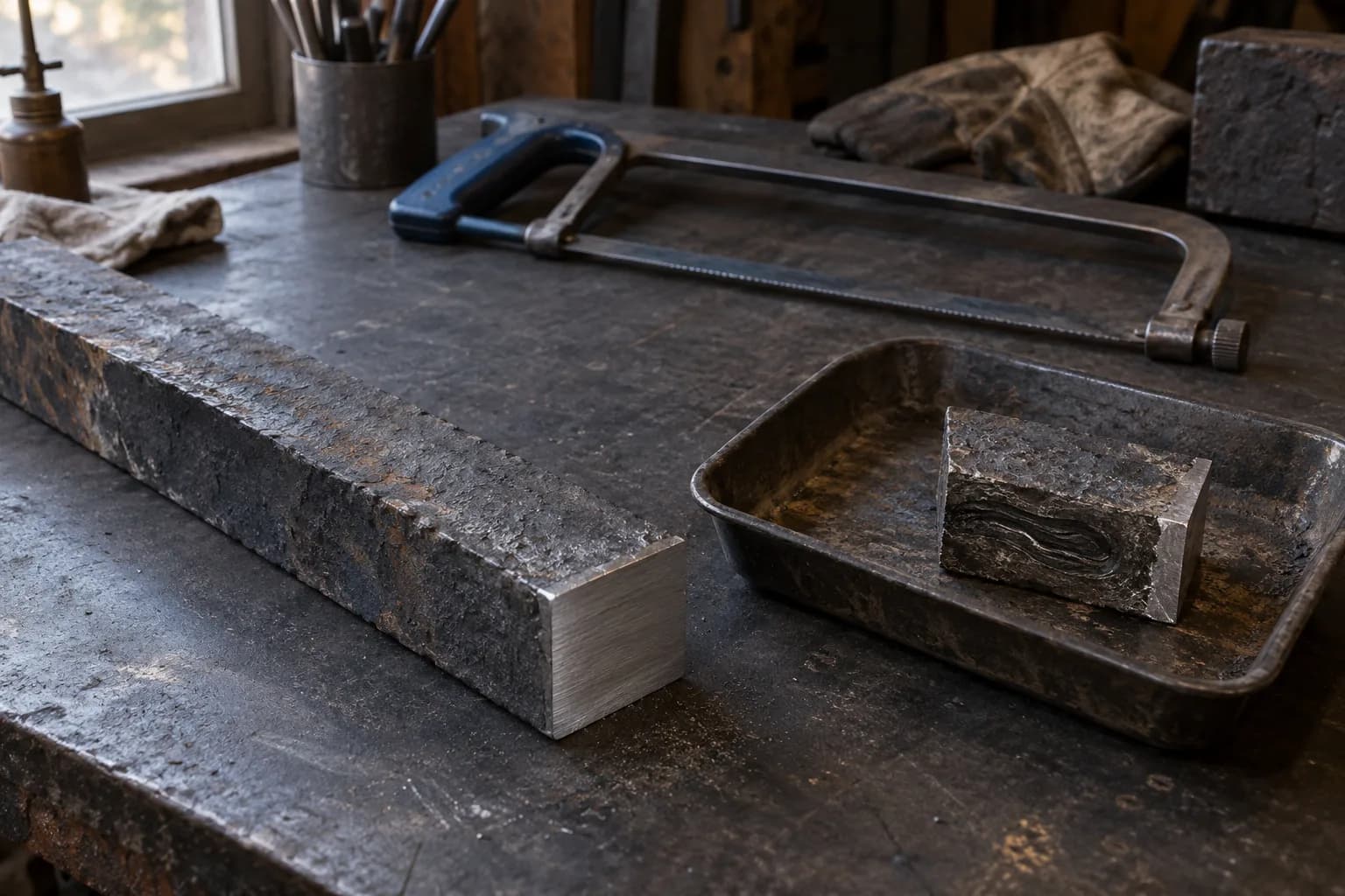 Clean square-cut forging bar beside a tray holding a short offcut with a folded seam; hacksaw idle behind