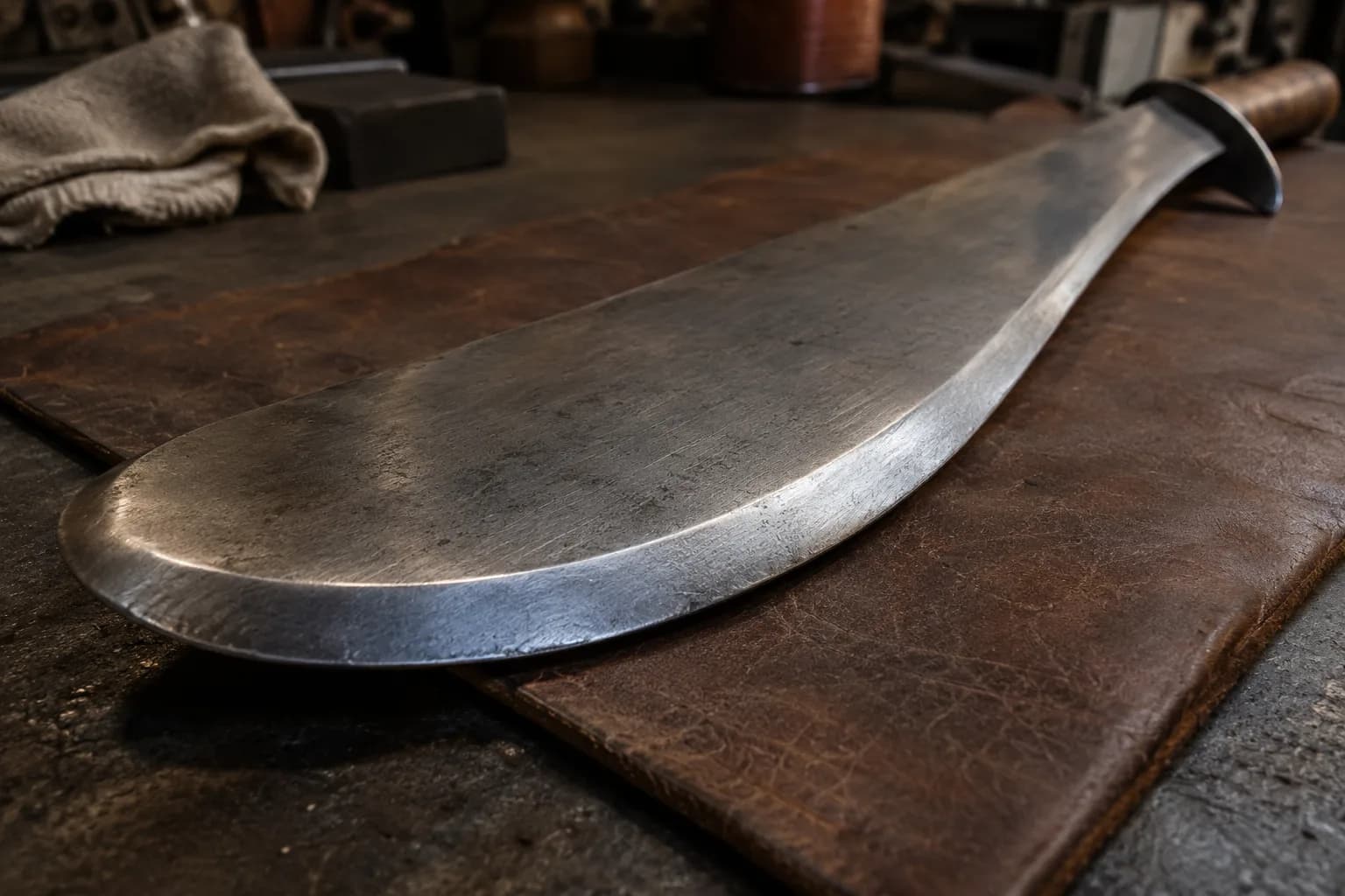 Broad blunt falchion with a thick rounded edge and rounded tip lying on a leather pad on a dark shop bench.