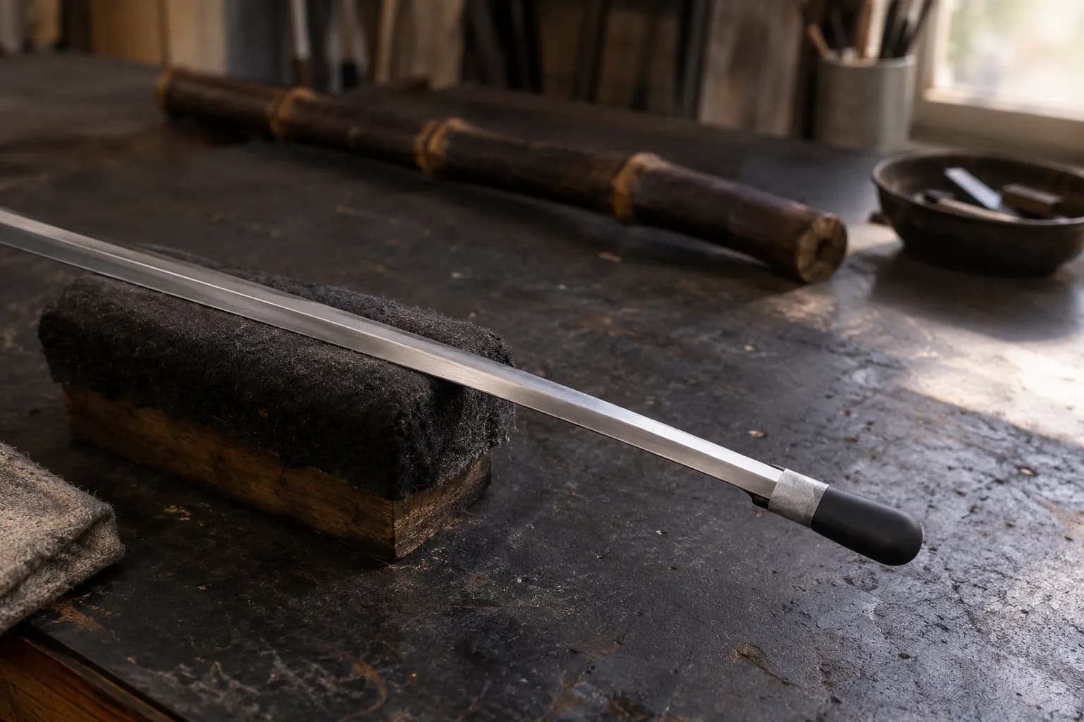 Long unsharpened rapier blade resting on a wool-padded block, its tip seated in a black rubber cap with a silver tape wrap