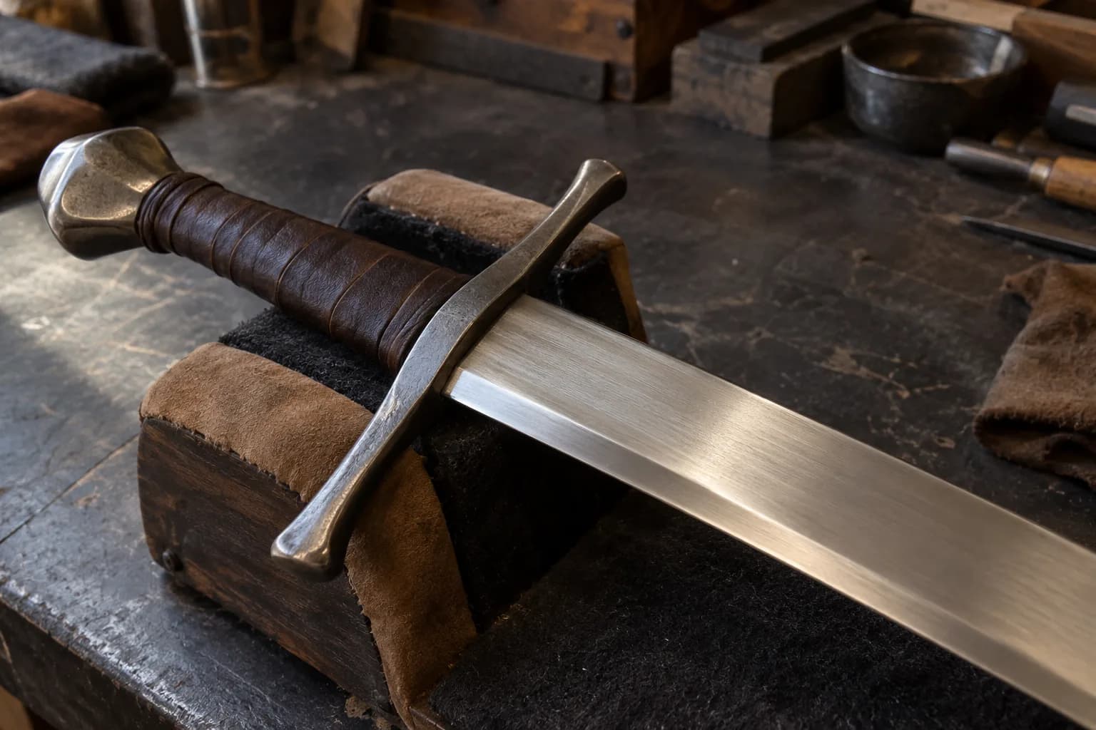 Plain stage-sword hilt with hammered crossguard and leather grip resting in a padded cradle, wide flat blade running off frame