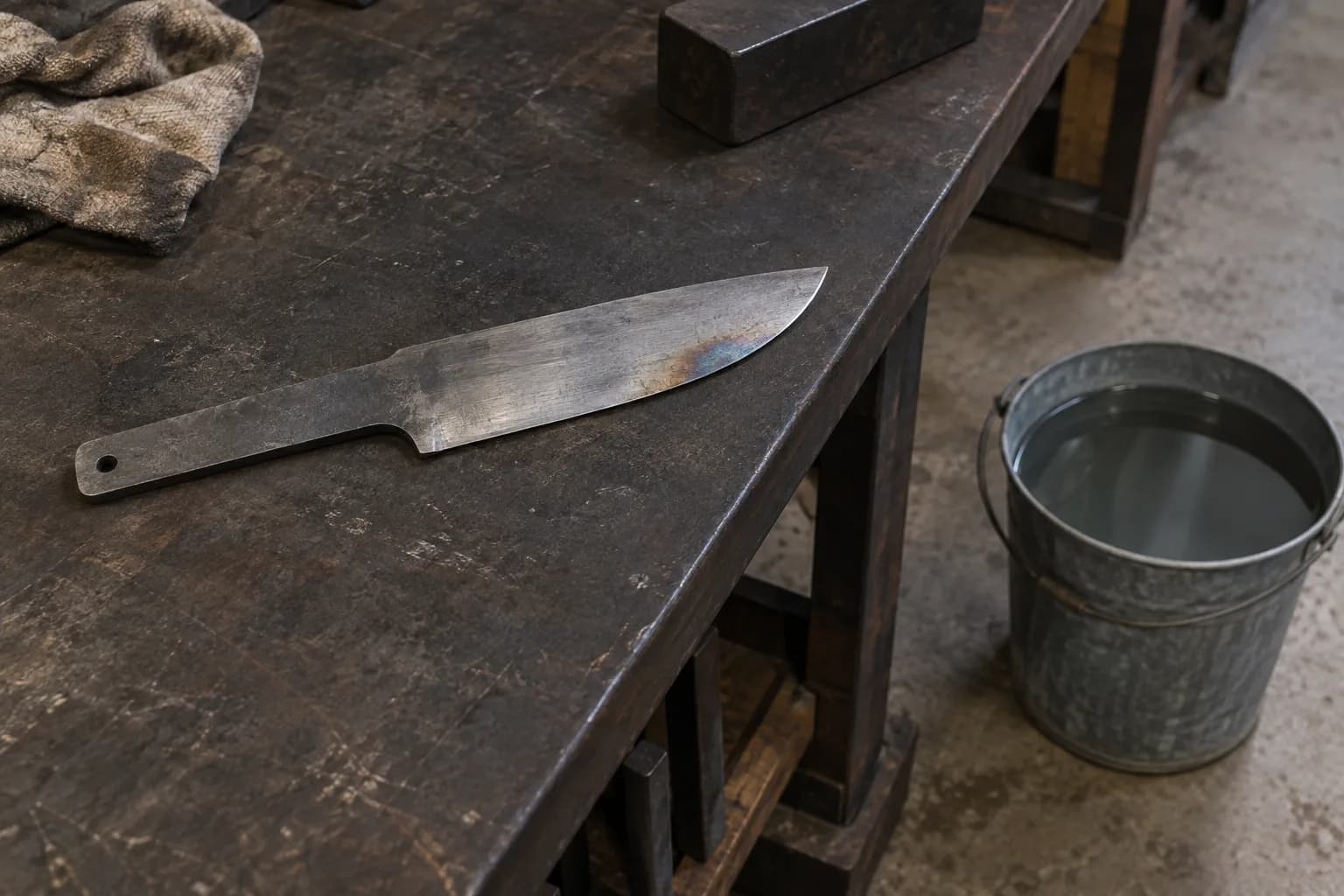 Gray knife blank on a dark steel bench with a small blue-straw heat tint near the edge, and a galvanized water bucket on the floor.