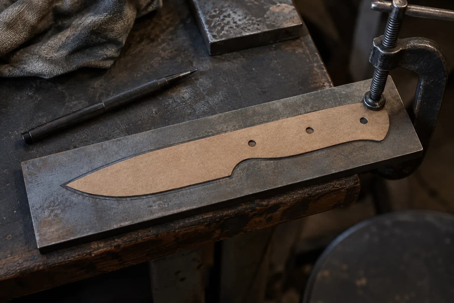 Blank cardboard knife template clamped on a steel bar with its traced outline visible, and a scribe lying beside it.
