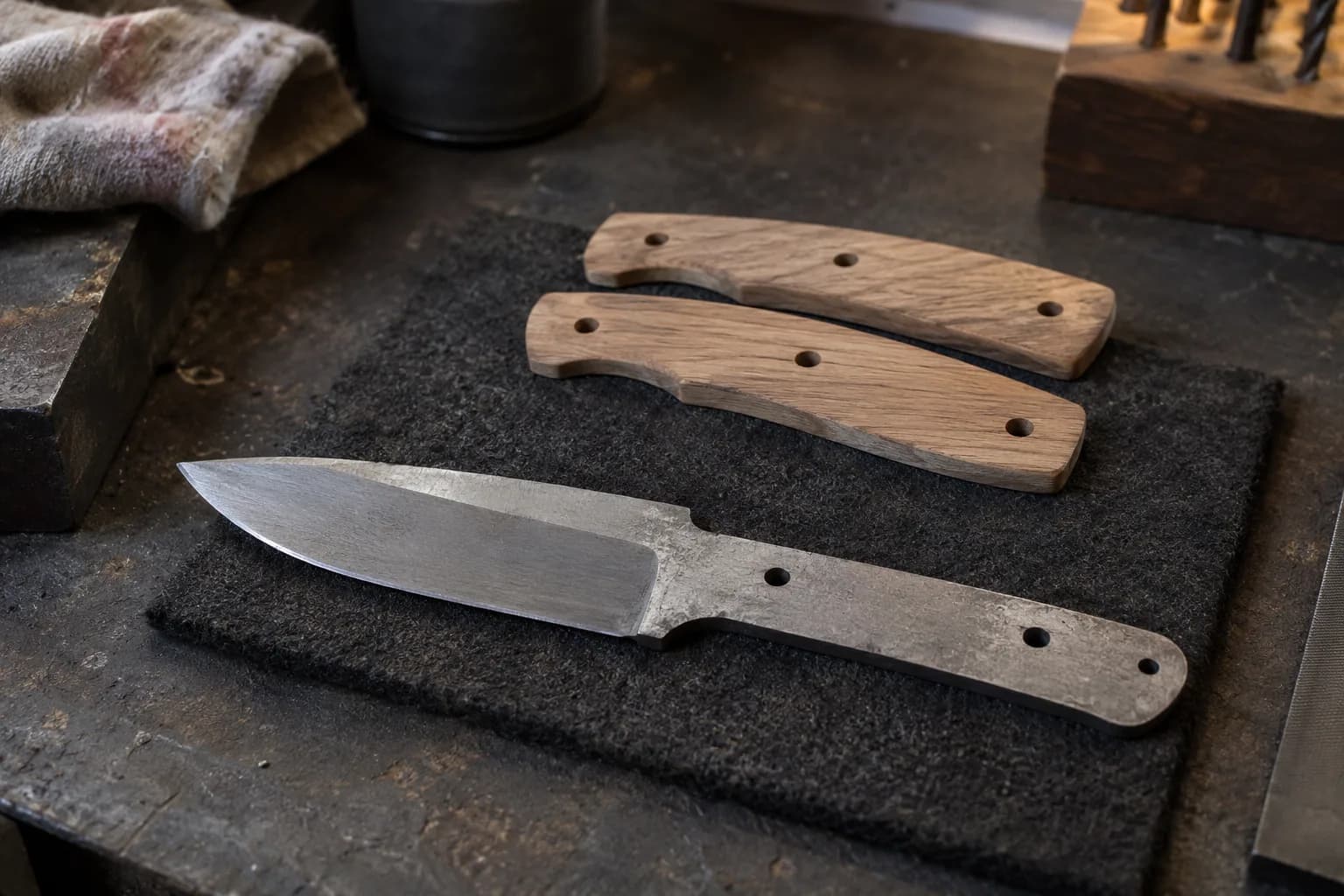 Plain drop-point hunter blank with a full tang and three pin holes on a felt pad, with two unfinished oak handle scales behind it.