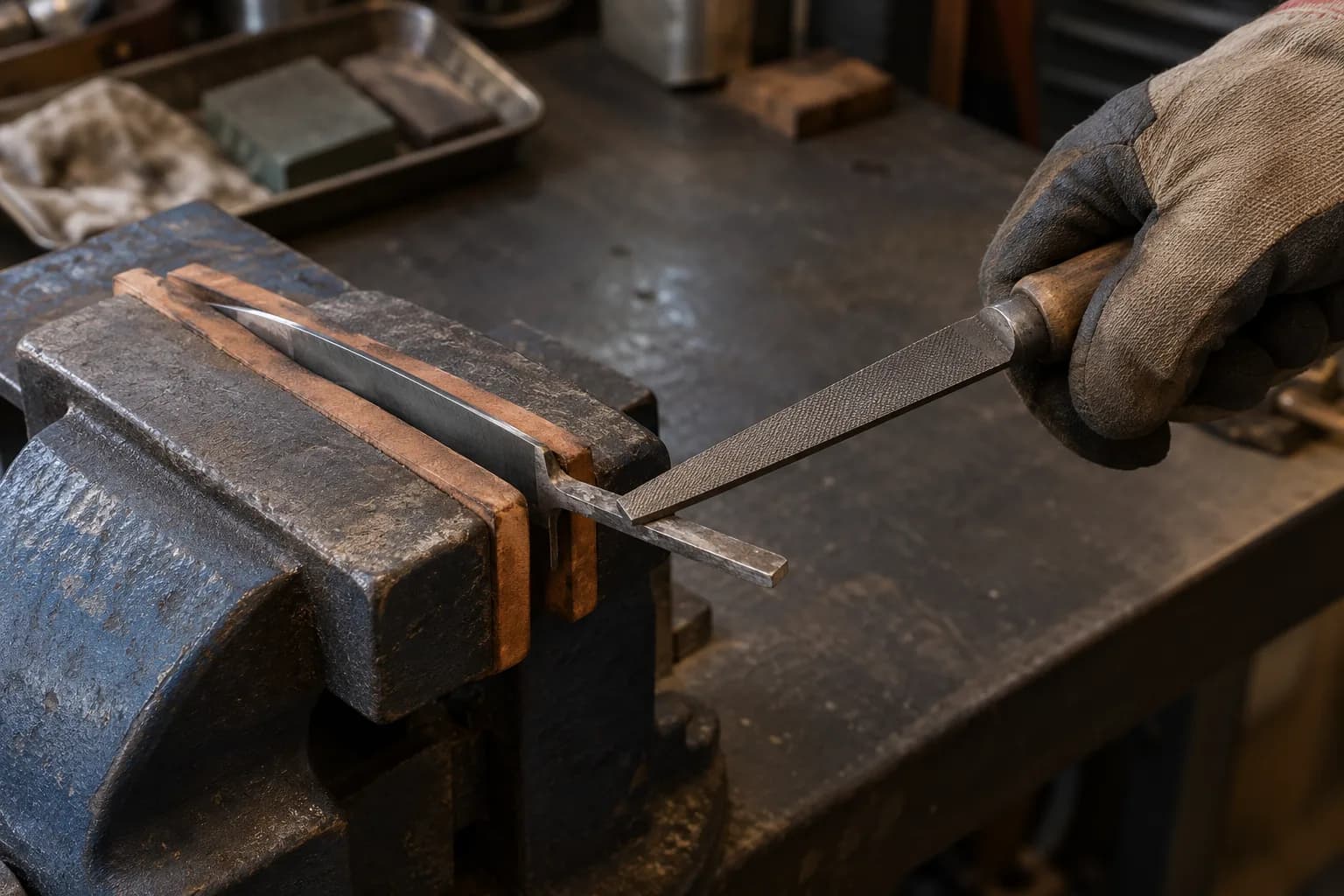 Gloved hand rests a handled file on the tang of a knife blade held edge-up between wood-padded jaws of a bench vise.