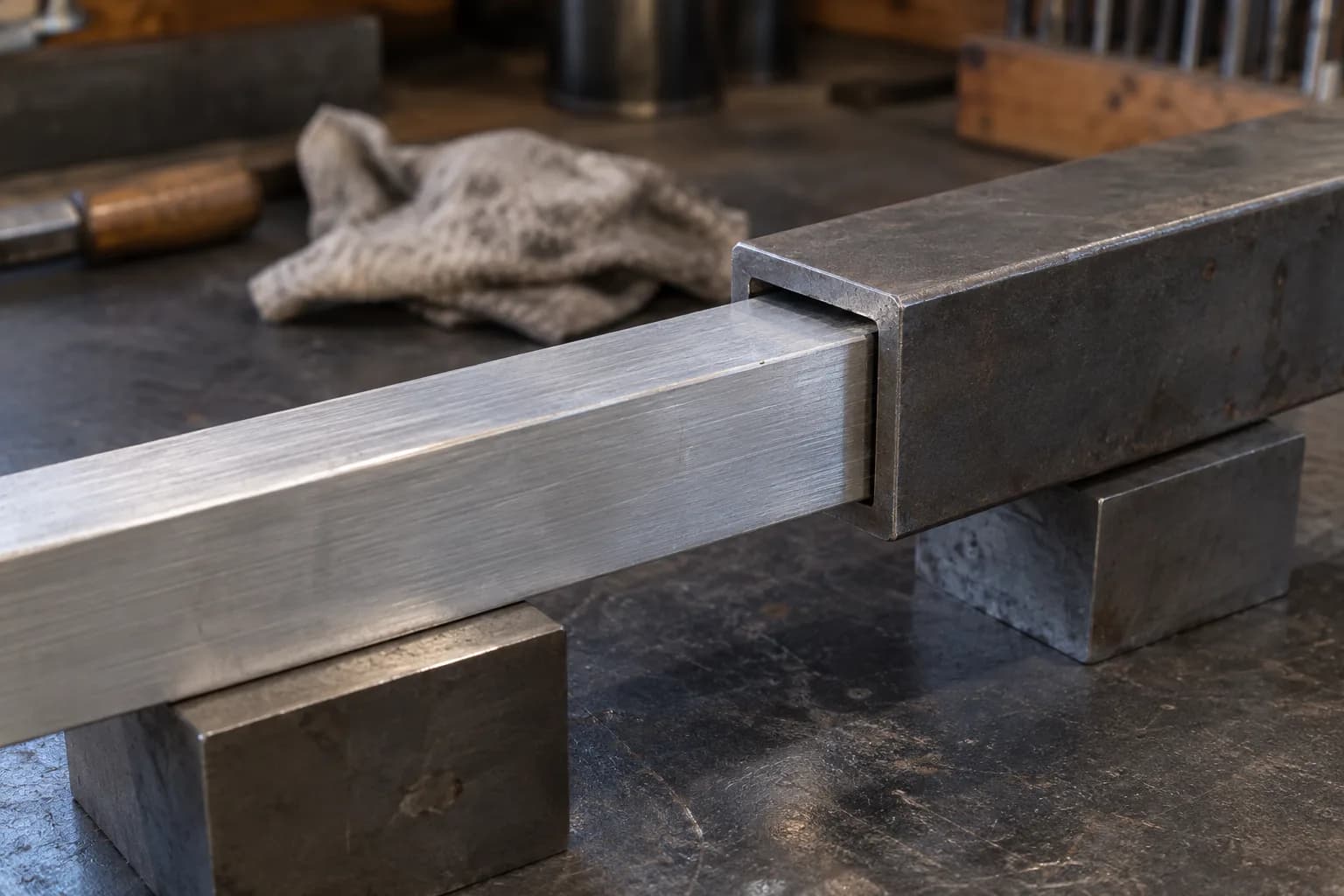 Brushed square bar just entering the mouth of a larger-walled square steel receiver, both resting on steel bench blocks