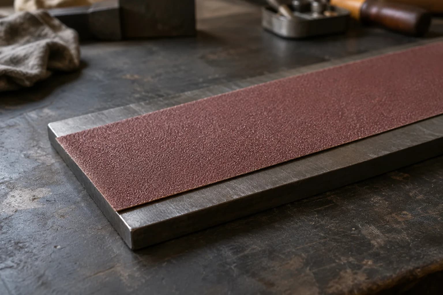 Strip of reddish abrasive belt lying grit-side up on a flat steel plate, with a margin of bare steel along one edge.