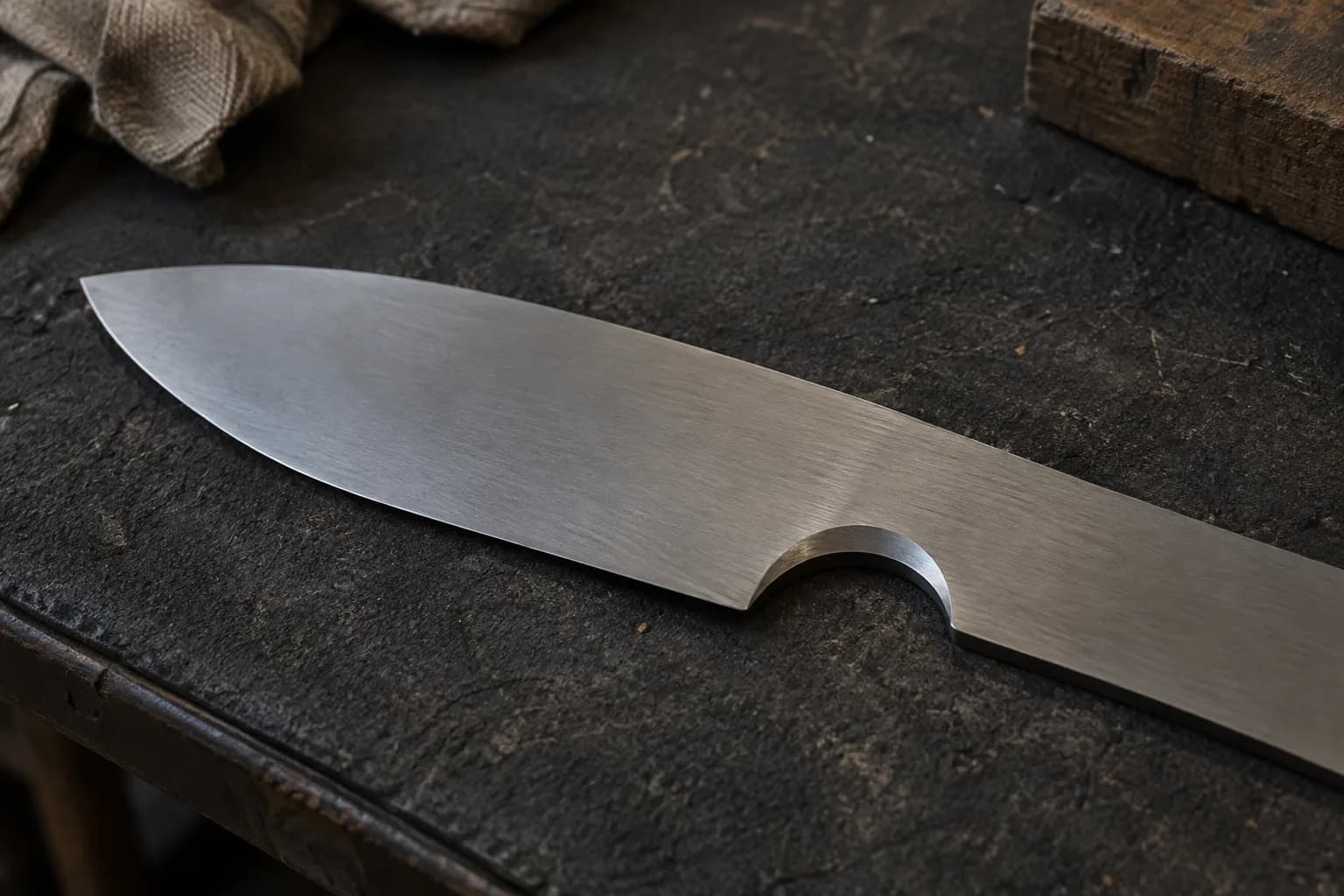 Satin-finished knife blank lying flat on a dark bench pad, with a smooth semicircular finger choil ground near the heel.