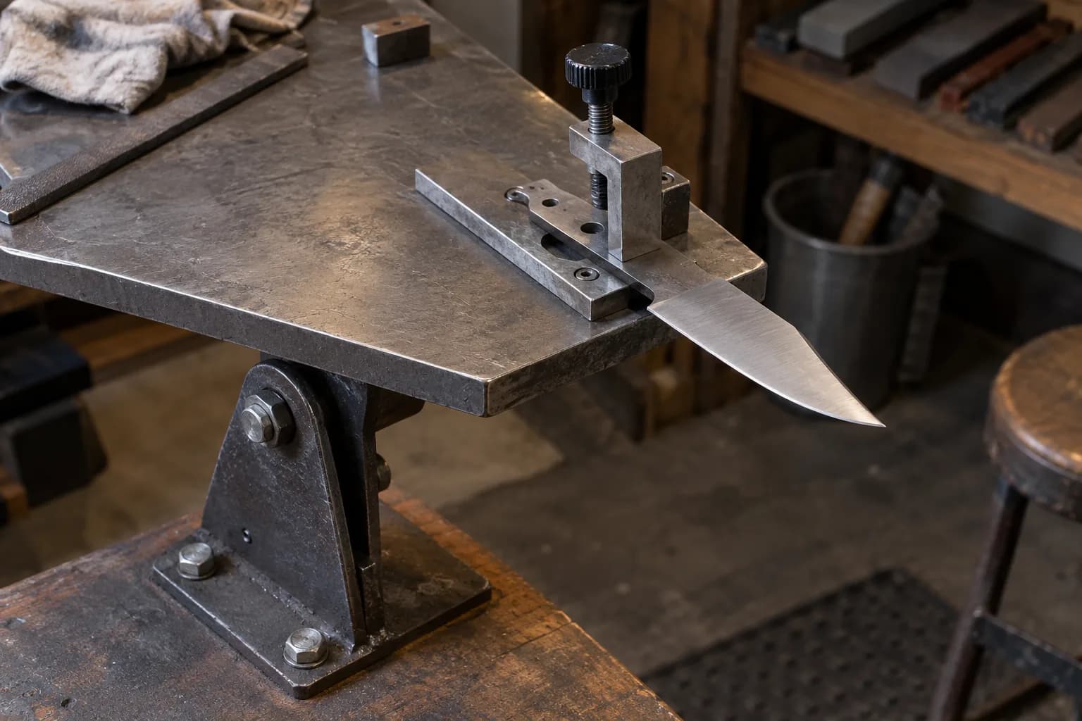 Knife blank held by a fence and screw clamp on a flat steel work table, tilt bracket bolted to a wooden bench