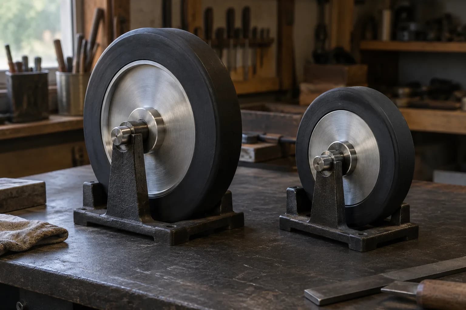 Two rubber-rimmed contact wheels of different diameters, each on its own cast-iron stand on a dark bench.