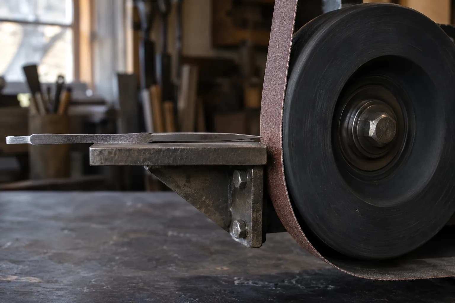 Flat knife blank on a steel work rest, tip near a belt-wrapped black contact wheel, rest top level with the hub