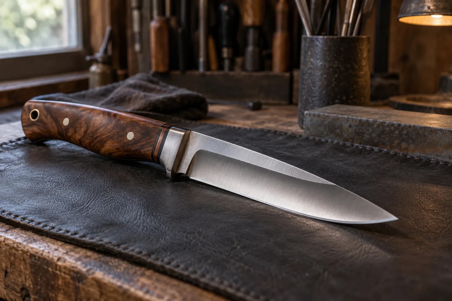 Hollow-ground hunting knife with a walnut handle resting on a leather pad, side light across the blade's concave cheek.
