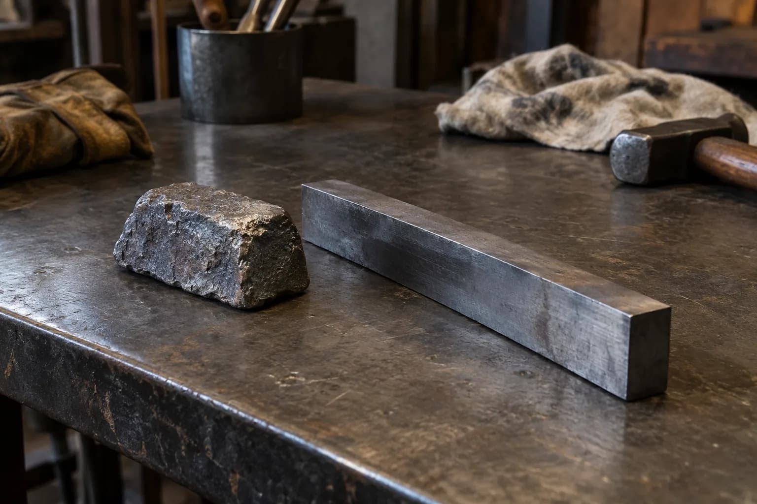 Rough cast steel ingot beside a smooth rectangular steel bar on a worn dark steel bench, hammer and rag behind.