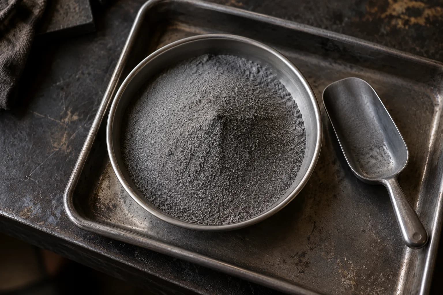 Fine matte gray steel powder mounded in a shallow metal dish on a tray, with a plain metal scoop beside it.