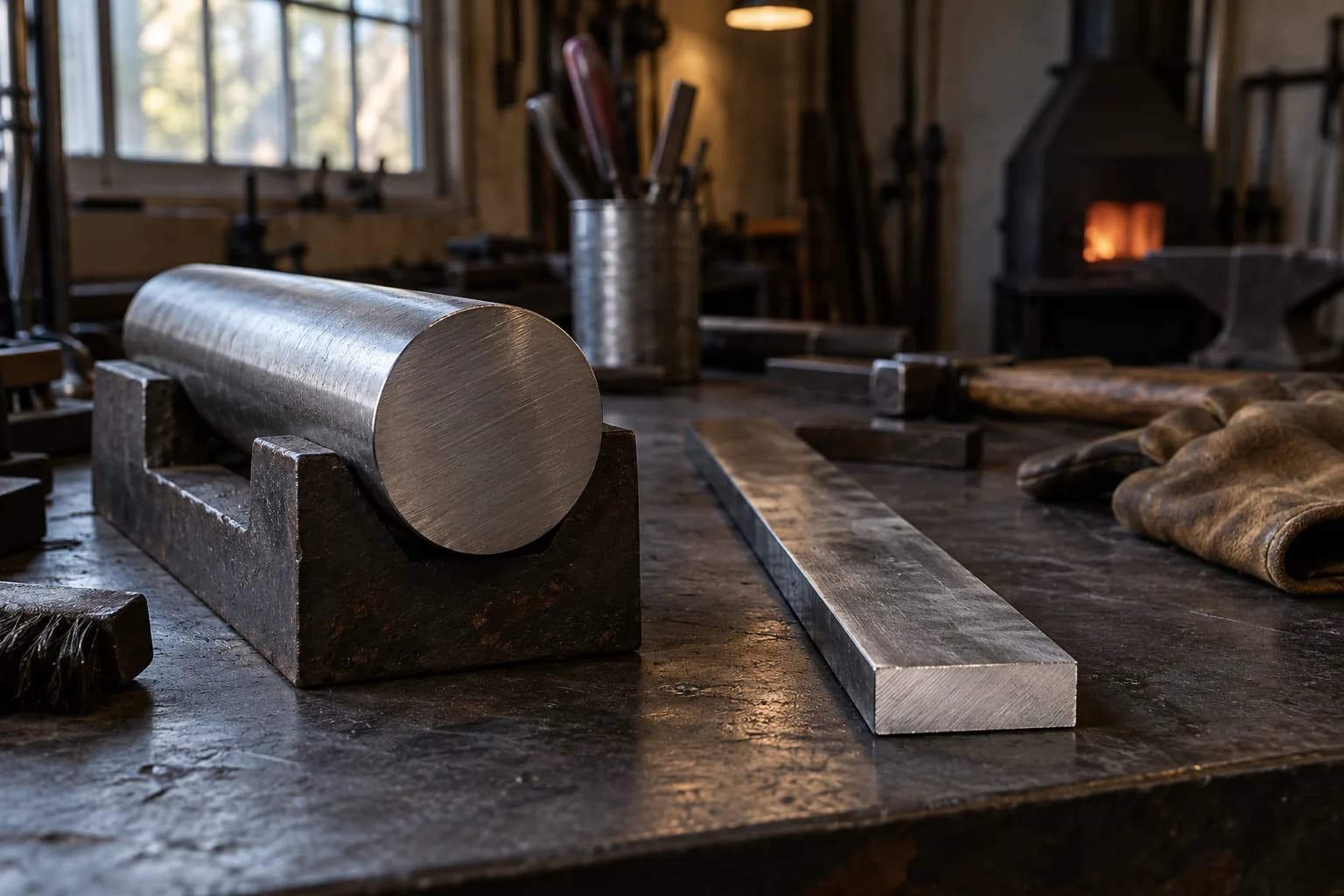 Round steel billet with a machined end face in a cast cradle beside a flat steel bar, forge and anvil behind.