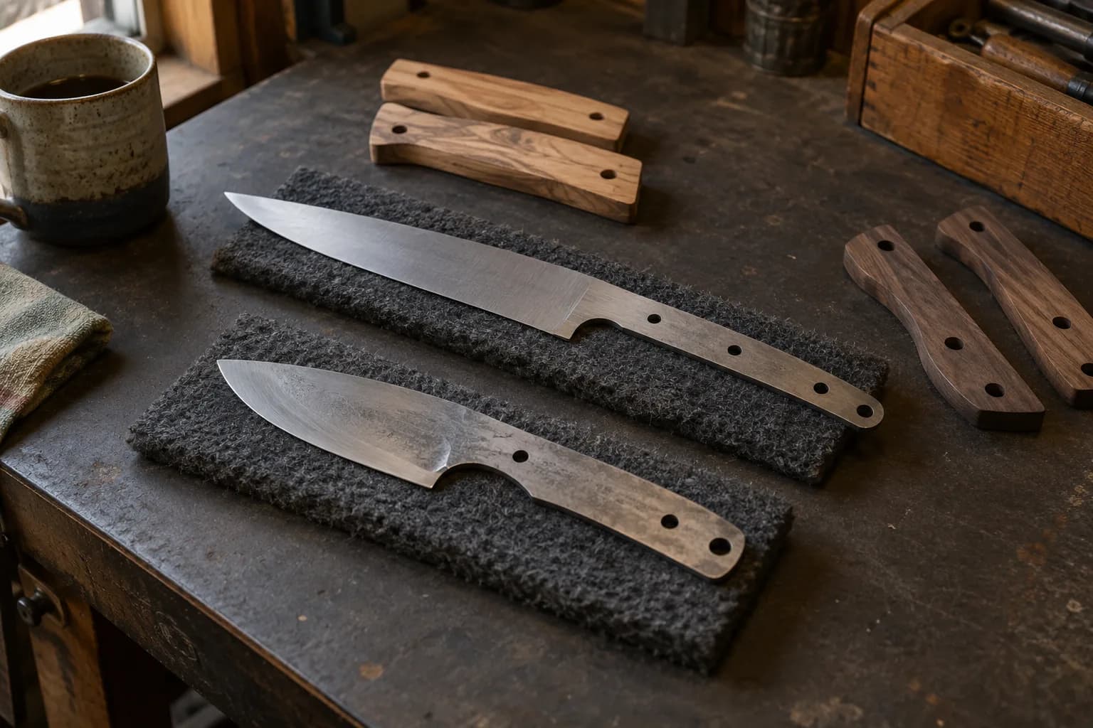 Thin kitchen knife blank and thicker utility blank on dark pads, with olive and walnut wood handle scales nearby.