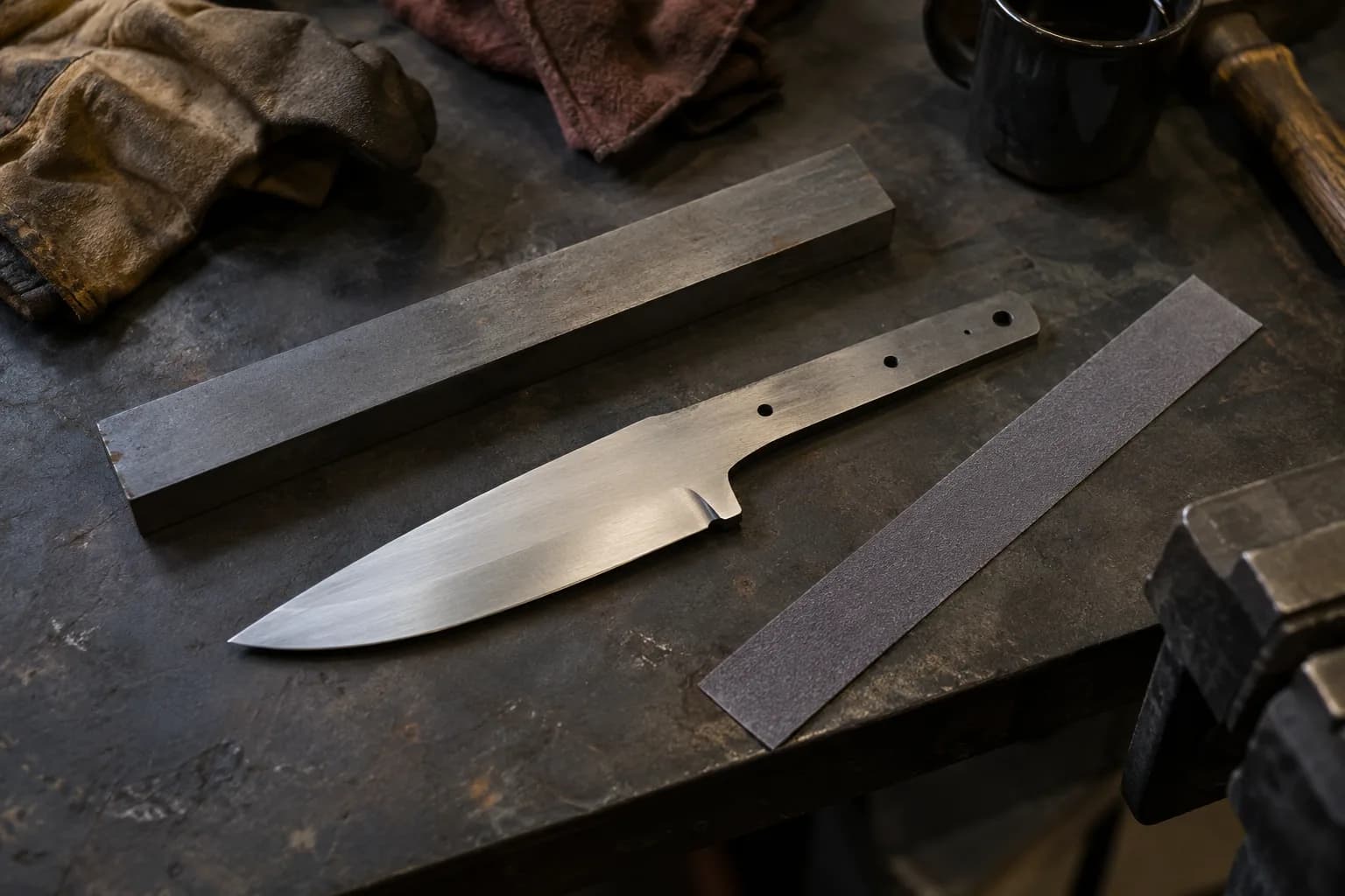 Satin-ground drop-point knife blank lies between a plain square steel bar and a flat abrasive strip on a dark bench.