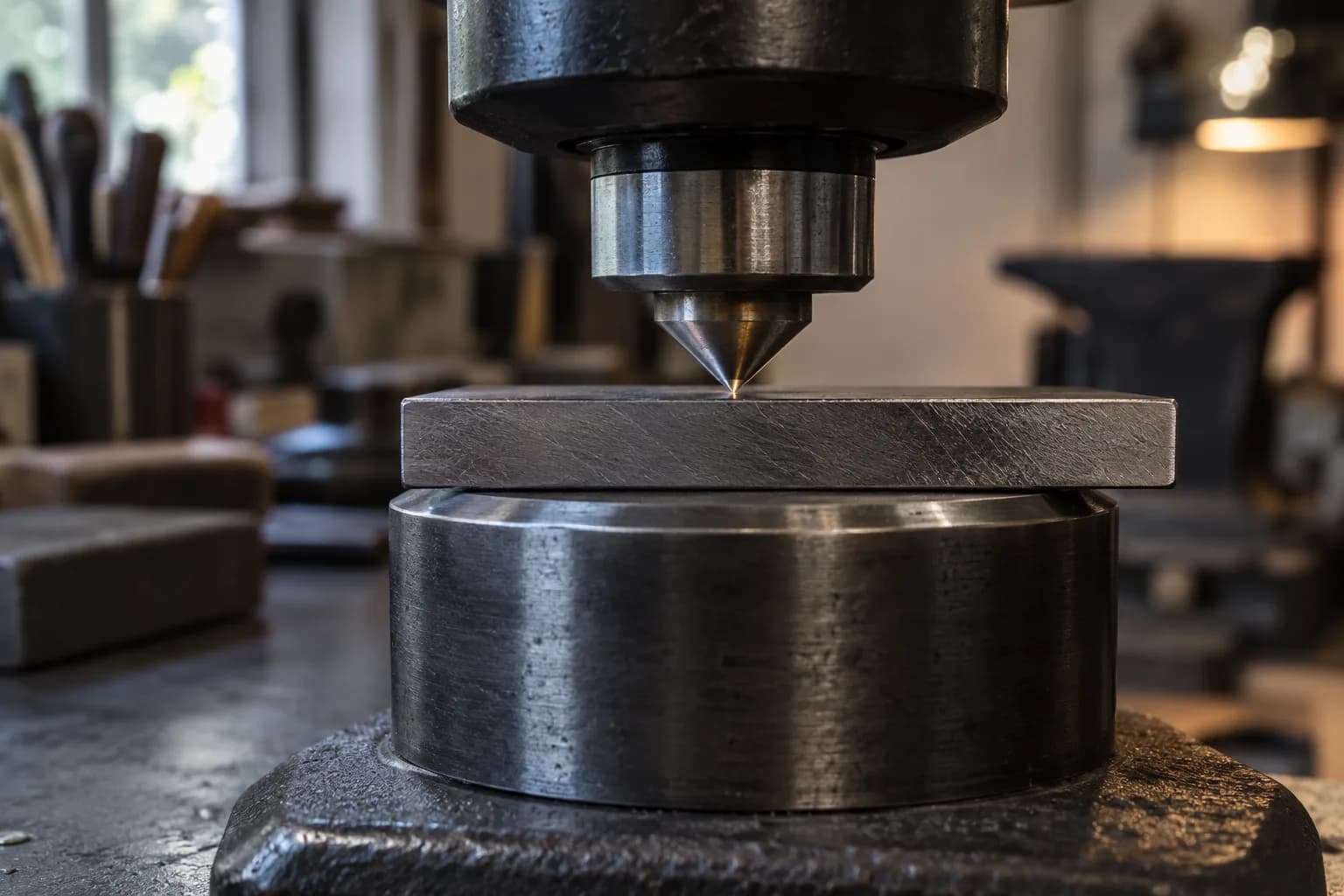 Flat steel coupon rests on a round anvil with a cone-shaped indenter touching its top surface.