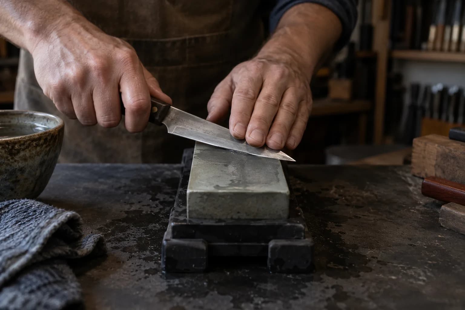 Hands hold a small utility knife with its bevel on a wet sharpening stone seated in a black non-slip holder.