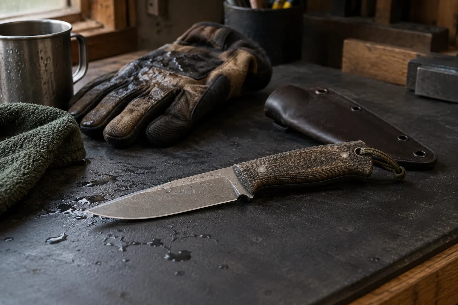 Fixed-blade utility knife with a dark textured handle lies on a wet bench beside a damp work glove and a sheath.