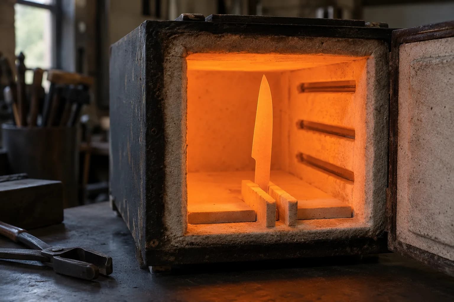 Flat knife blank glowing orange stands upright in a gap between ceramic blocks inside an open heat-treat kiln, tongs nearby.