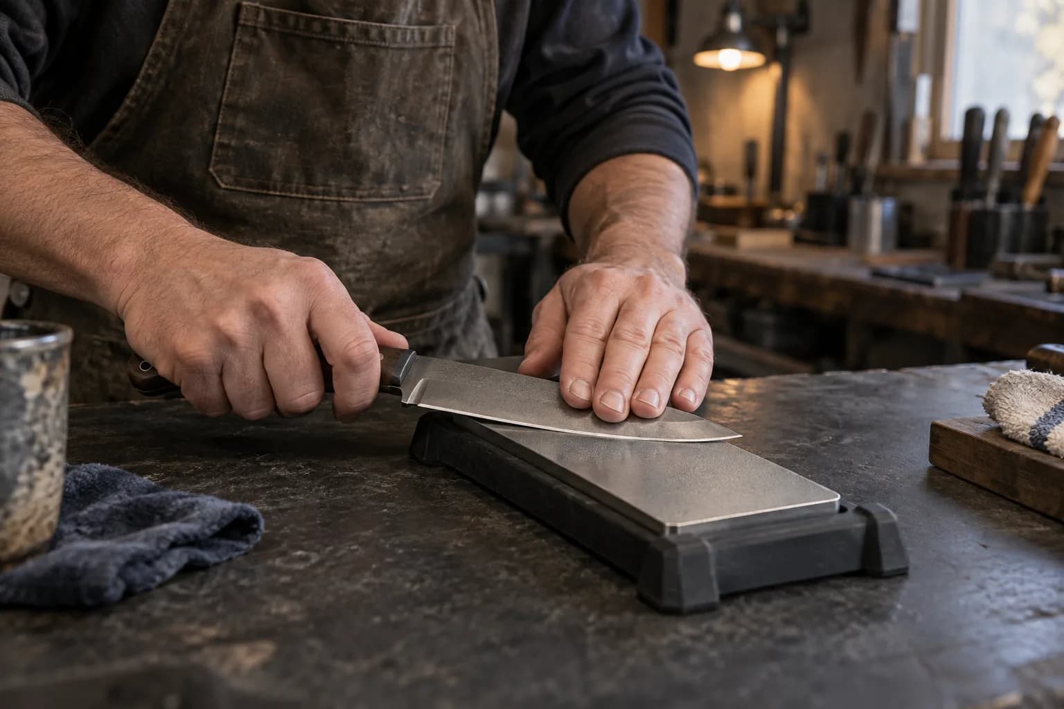 Hands guide a fixed-blade knife flat across a diamond plate seated in a black nonslip base on a dark bench.