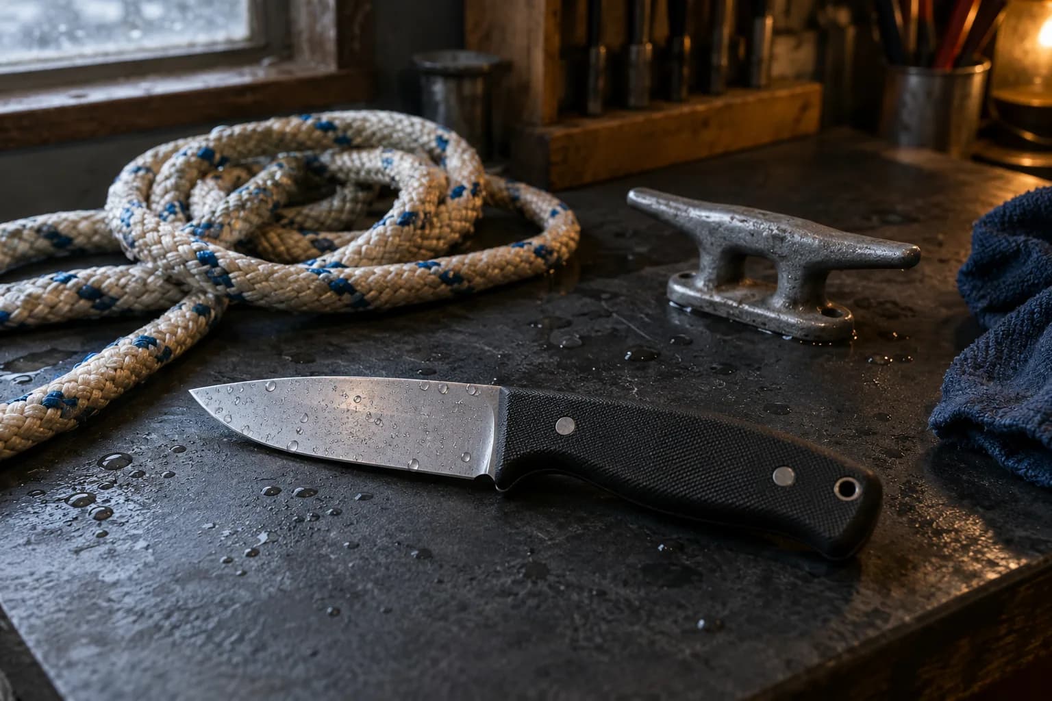 Plain drop-point utility knife with a black textured handle lies flat beside coiled blue-flecked rope and a small metal cleat.