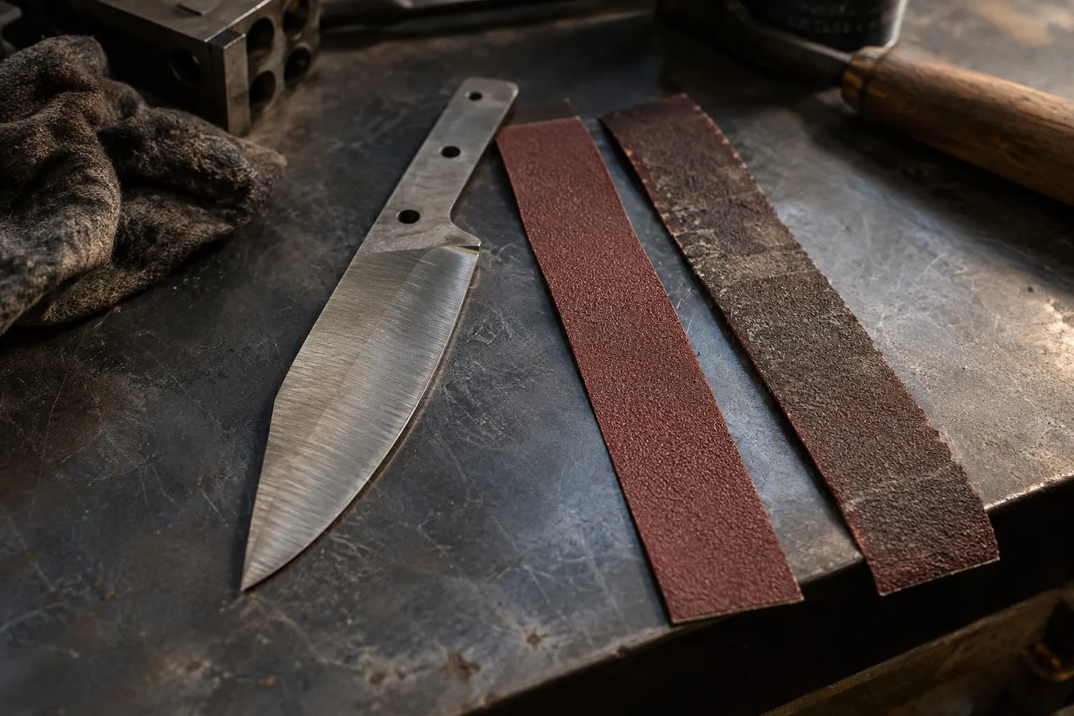 Ground blade blank with three tang holes lies beside a fresh red abrasive strip and a darker, worn used strip on a steel bench.
