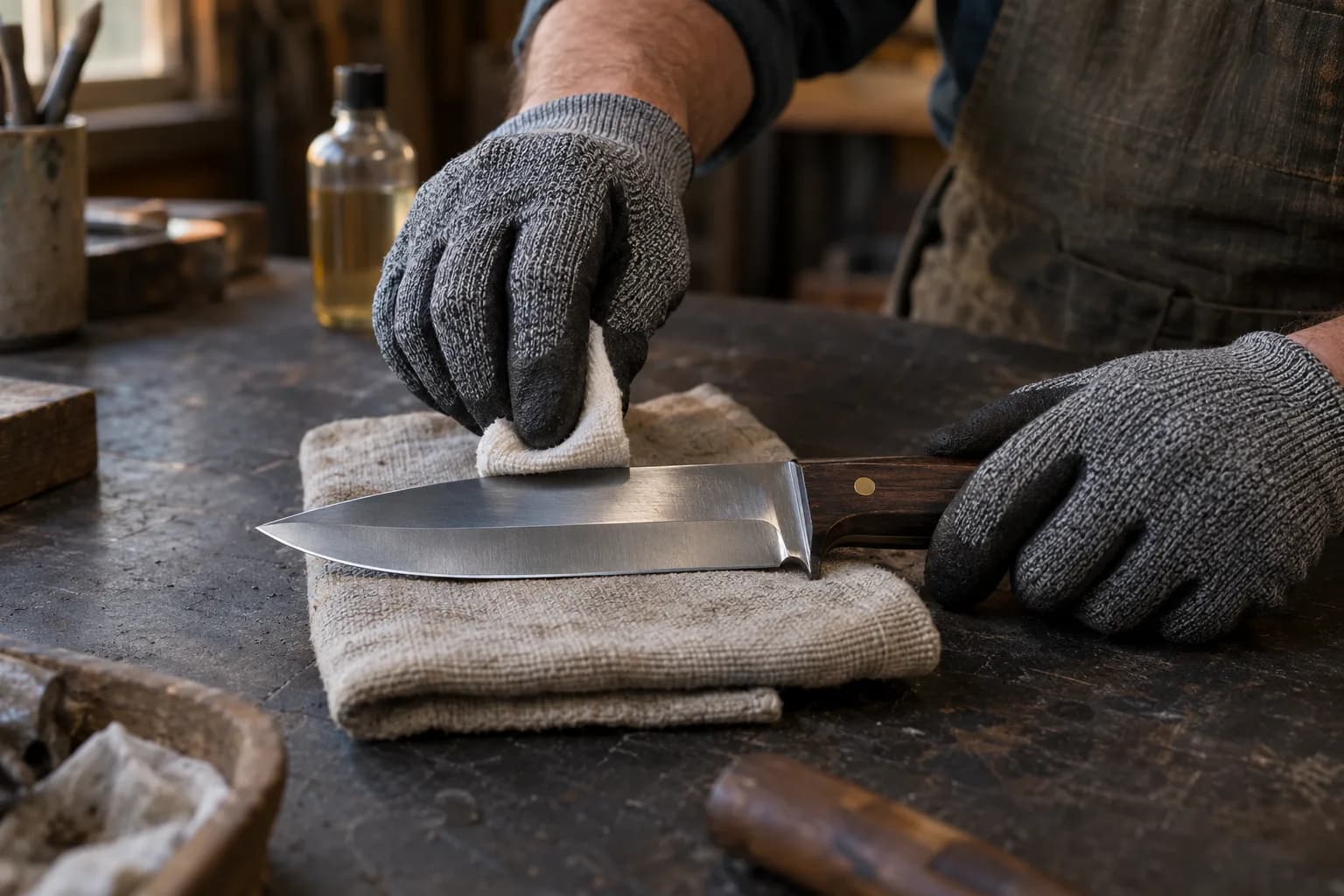 Gloved hand wipes oil along the flat of a plain fixed knife resting on a folded cloth, with an oil bottle behind.