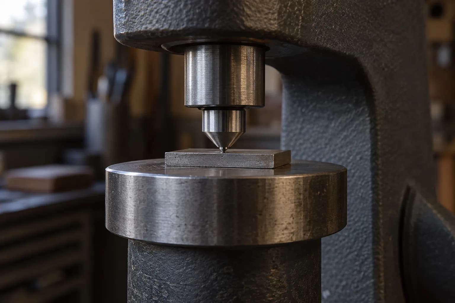 Small flat steel coupon sits on a round tester anvil directly beneath a diamond-tipped indenter, with no readout in view.
