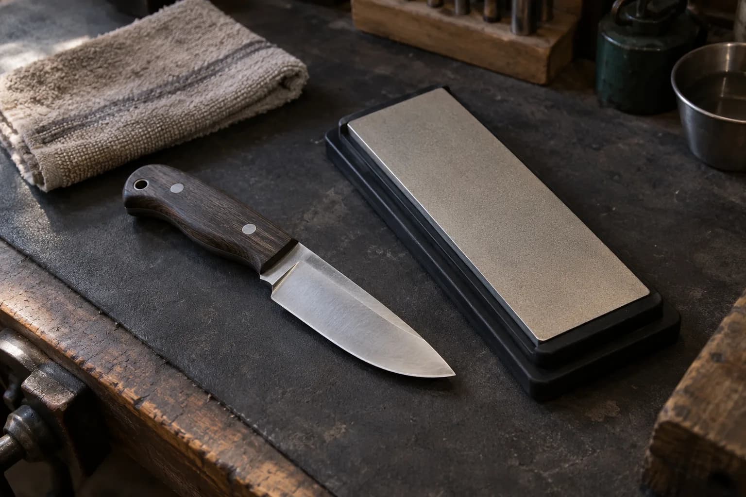 Plain knife with a dark wood handle lies beside a fine diamond sharpening plate in a rubber holder and a folded towel.