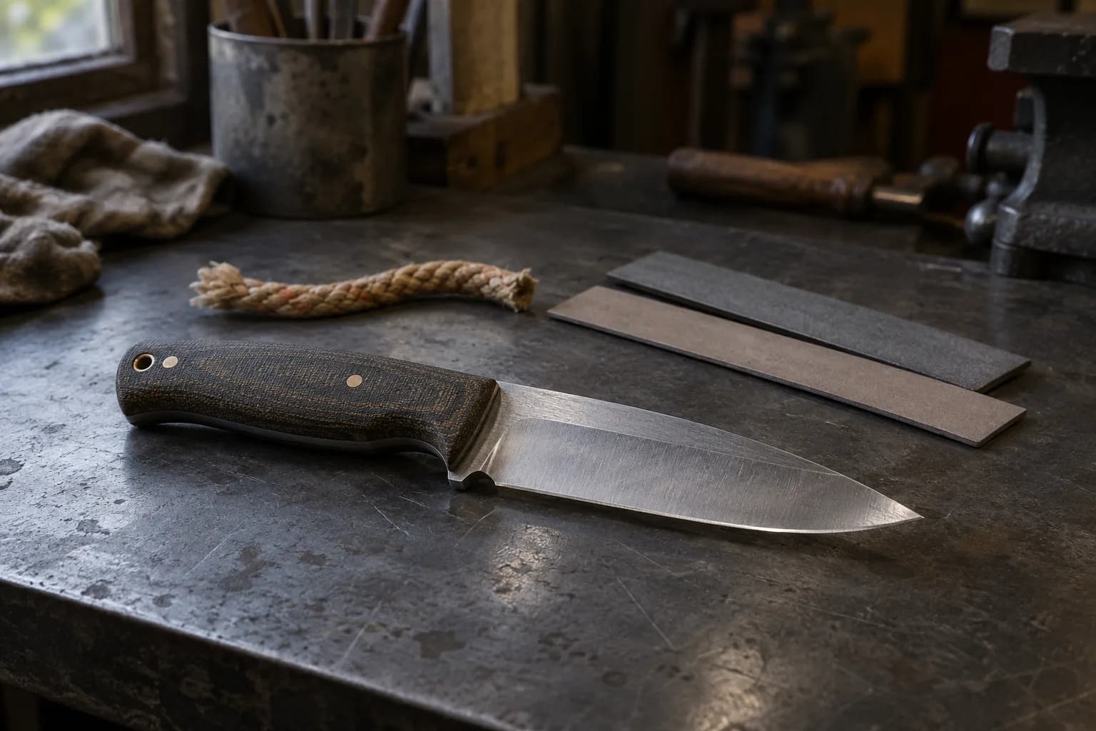 Plain fixed knife with a canvas-textured handle lies on a steel bench beside a short rope offcut and two flat abrasive strips.