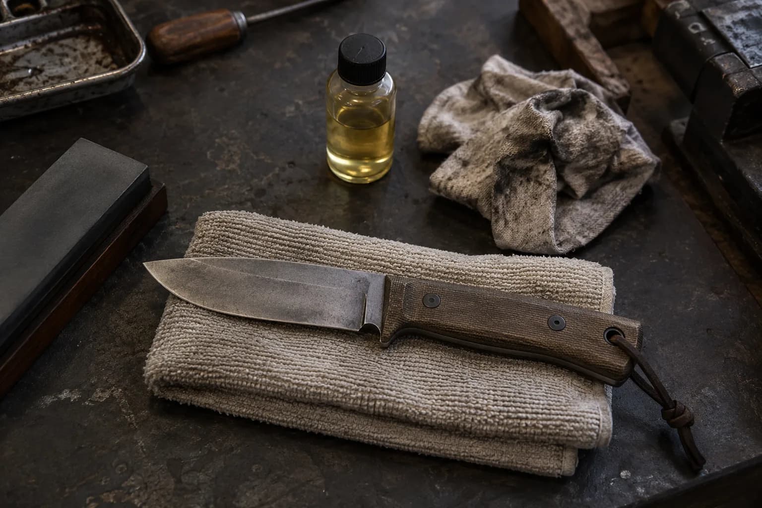 Plain fixed blade with a canvas handle lies on a folded dry towel beside a small oil bottle and a used wiping cloth