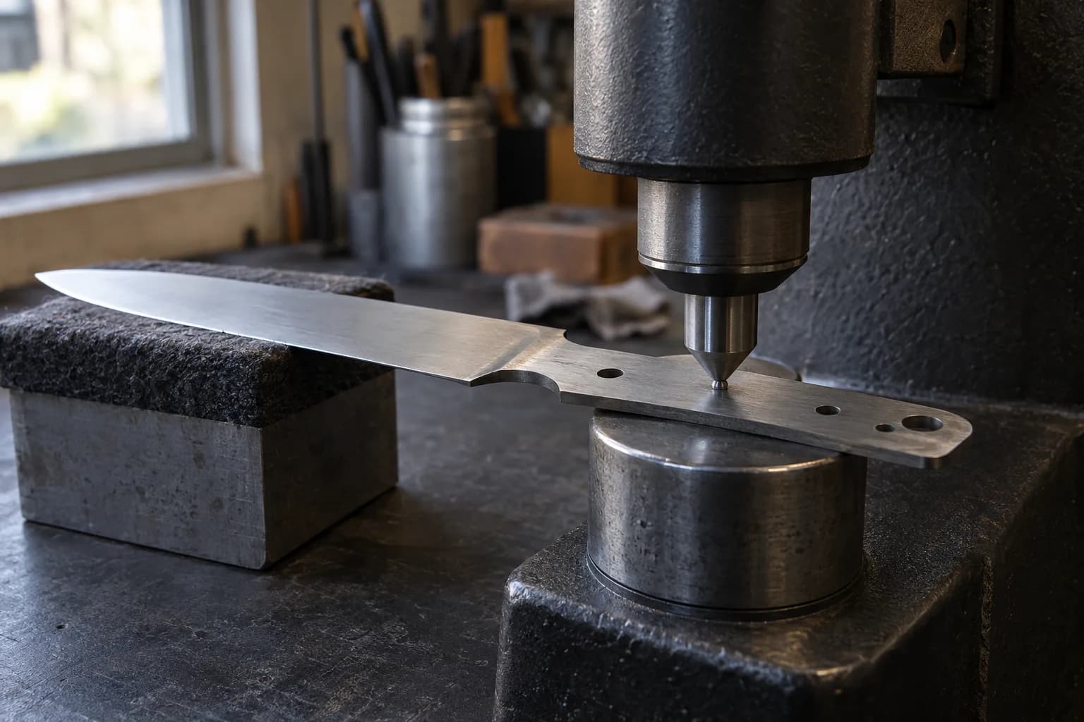 Unhandled knife blade with its tang on a hardness tester anvil under the indenter, blade body resting on a padded block
