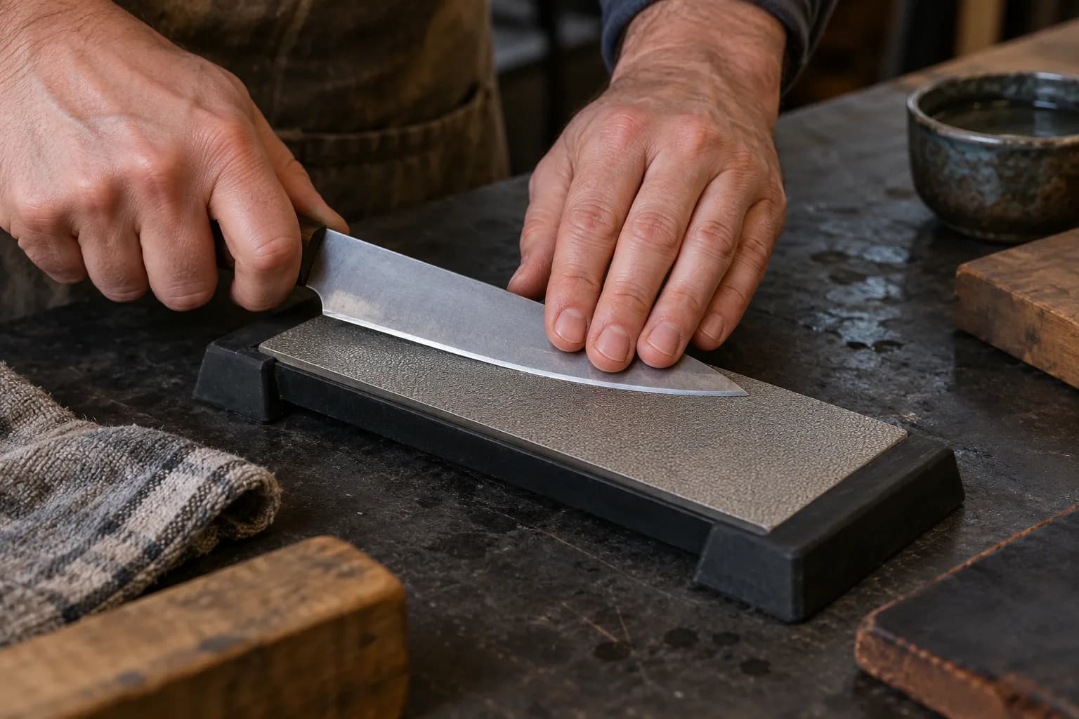 Hands draw a plain knife blade across a fine diamond plate held in a black nonslip holder, fingers on the flat