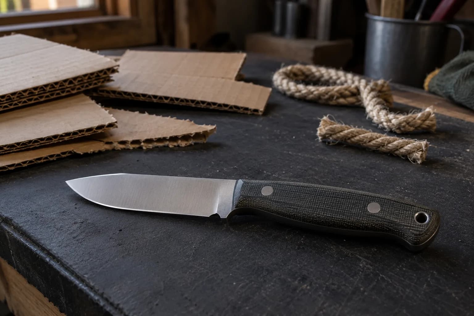 Satin fixed-blade knife with a black canvas handle lies on a dark pad beside rope lengths and blank cardboard offcuts