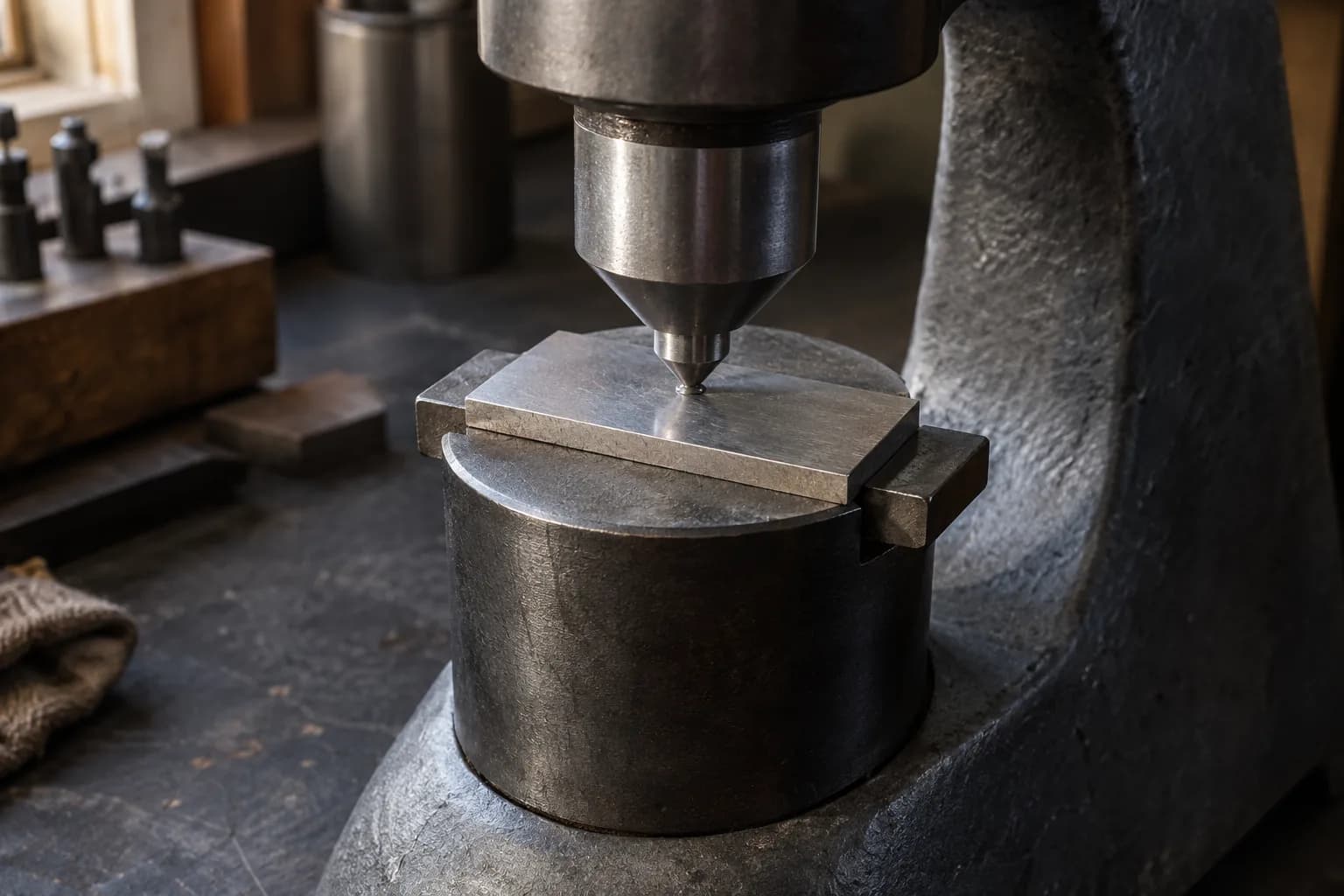 Flat steel coupon rests on a round anvil beneath the conical indenter of a cast-iron hardness tester.