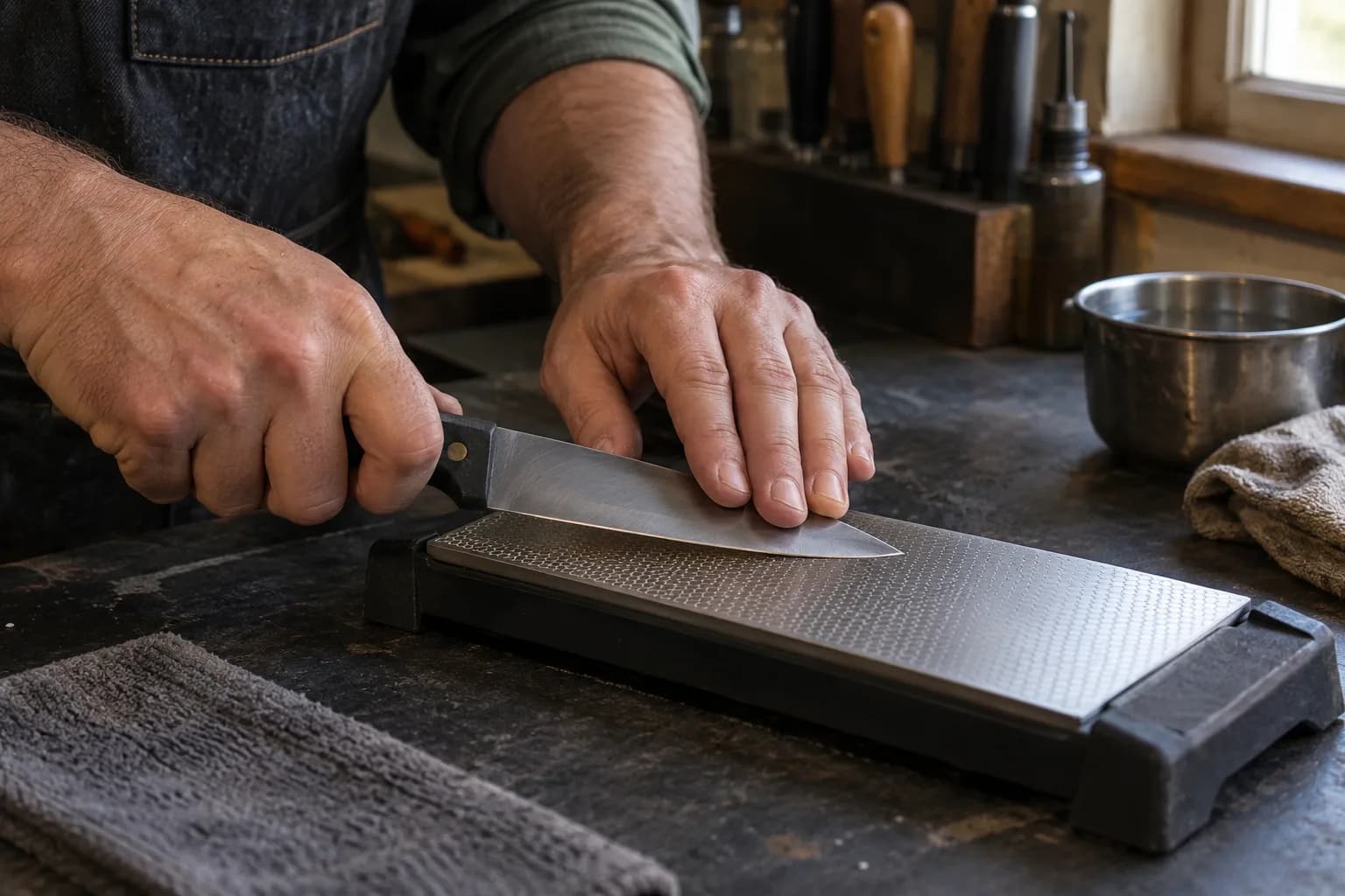 Hands draw a knife tip across a dimpled diamond plate seated in a black bench cradle, fingers flat on the blade.