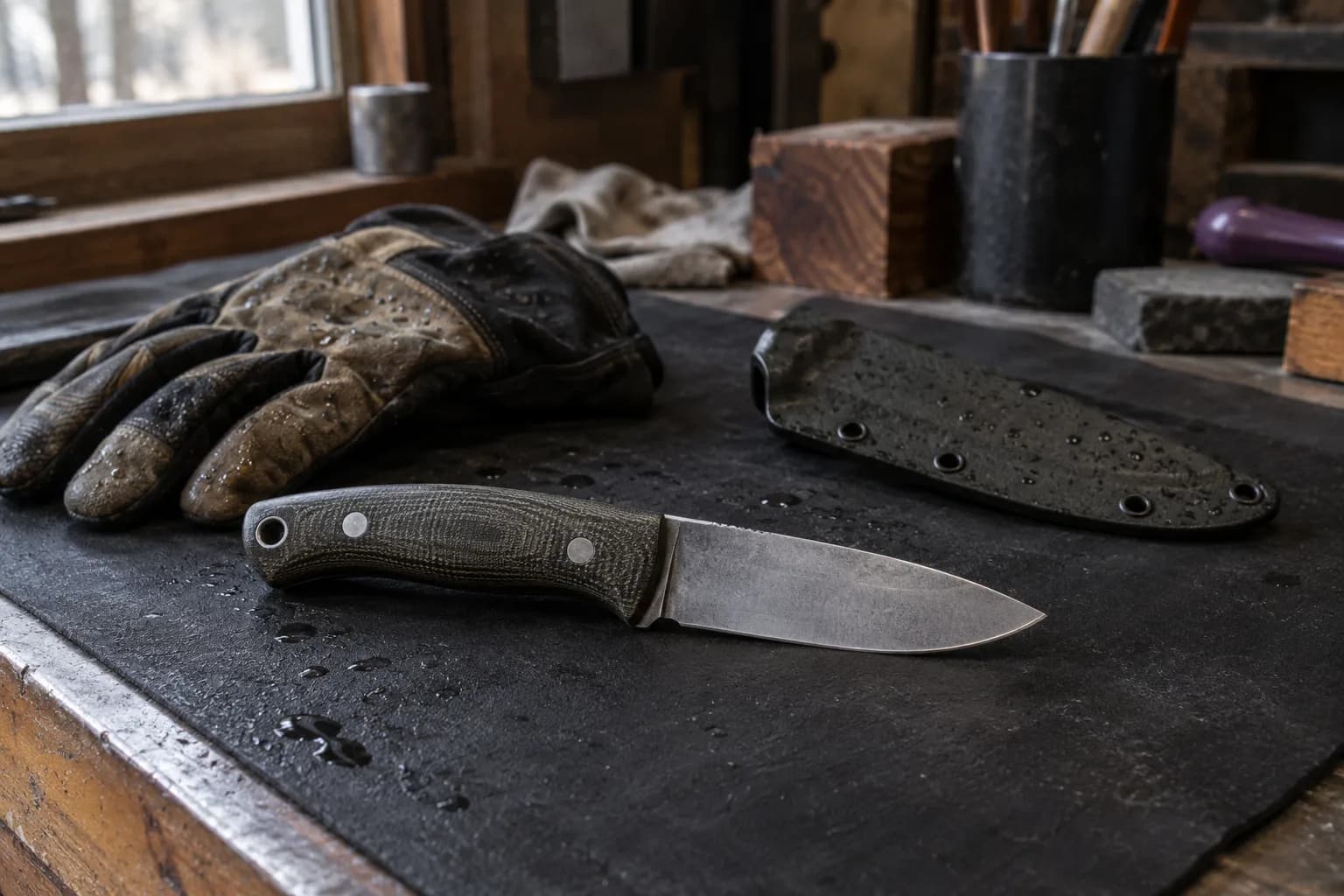 Fixed-blade knife with a green-black canvas handle lies by a wet work glove and a black sheath on a droplet-covered mat.