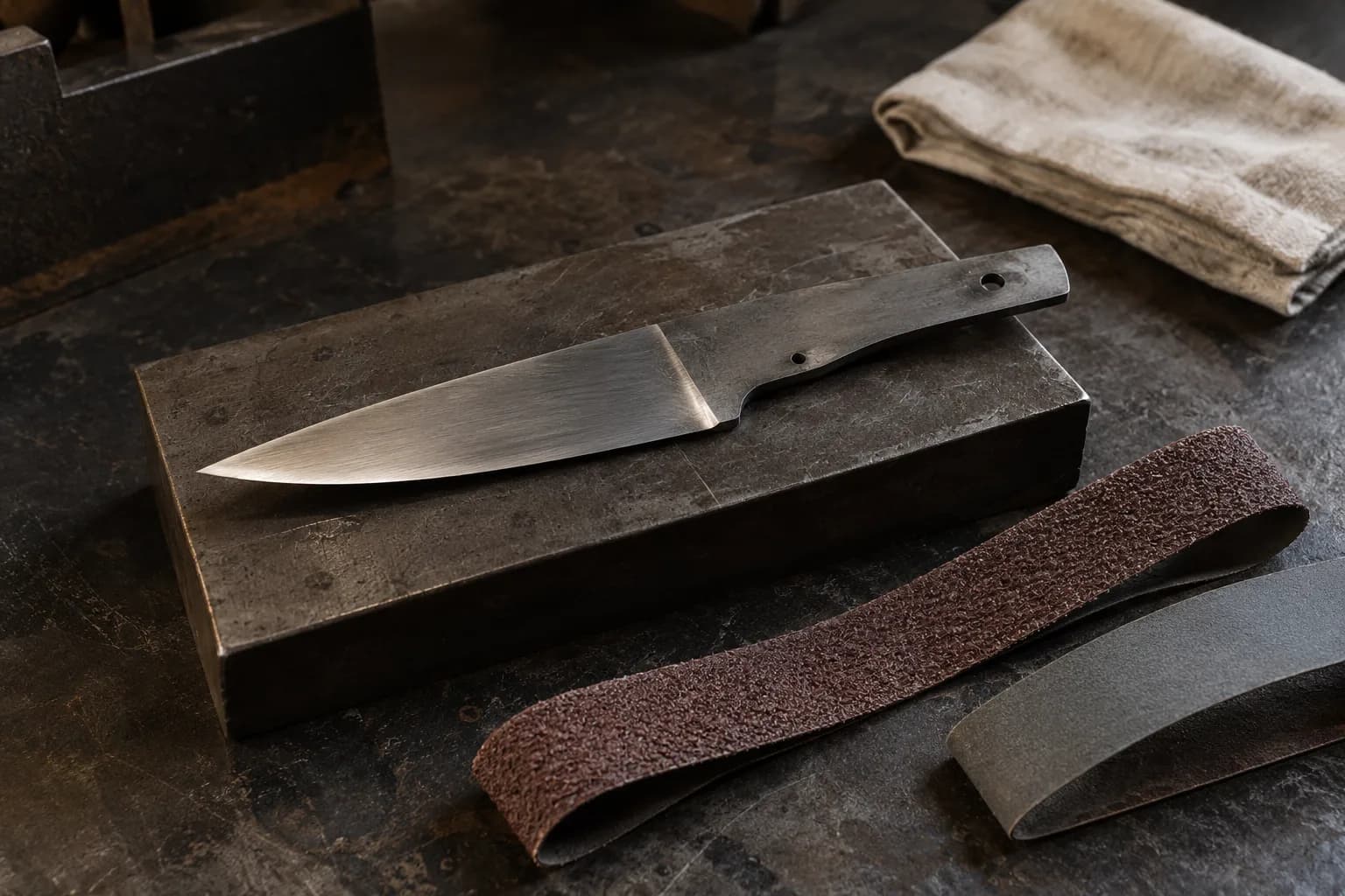 Satin-ground knife blank lies on a steel block beside a coarse brown abrasive strip, a fine gray strip and a folded cloth.