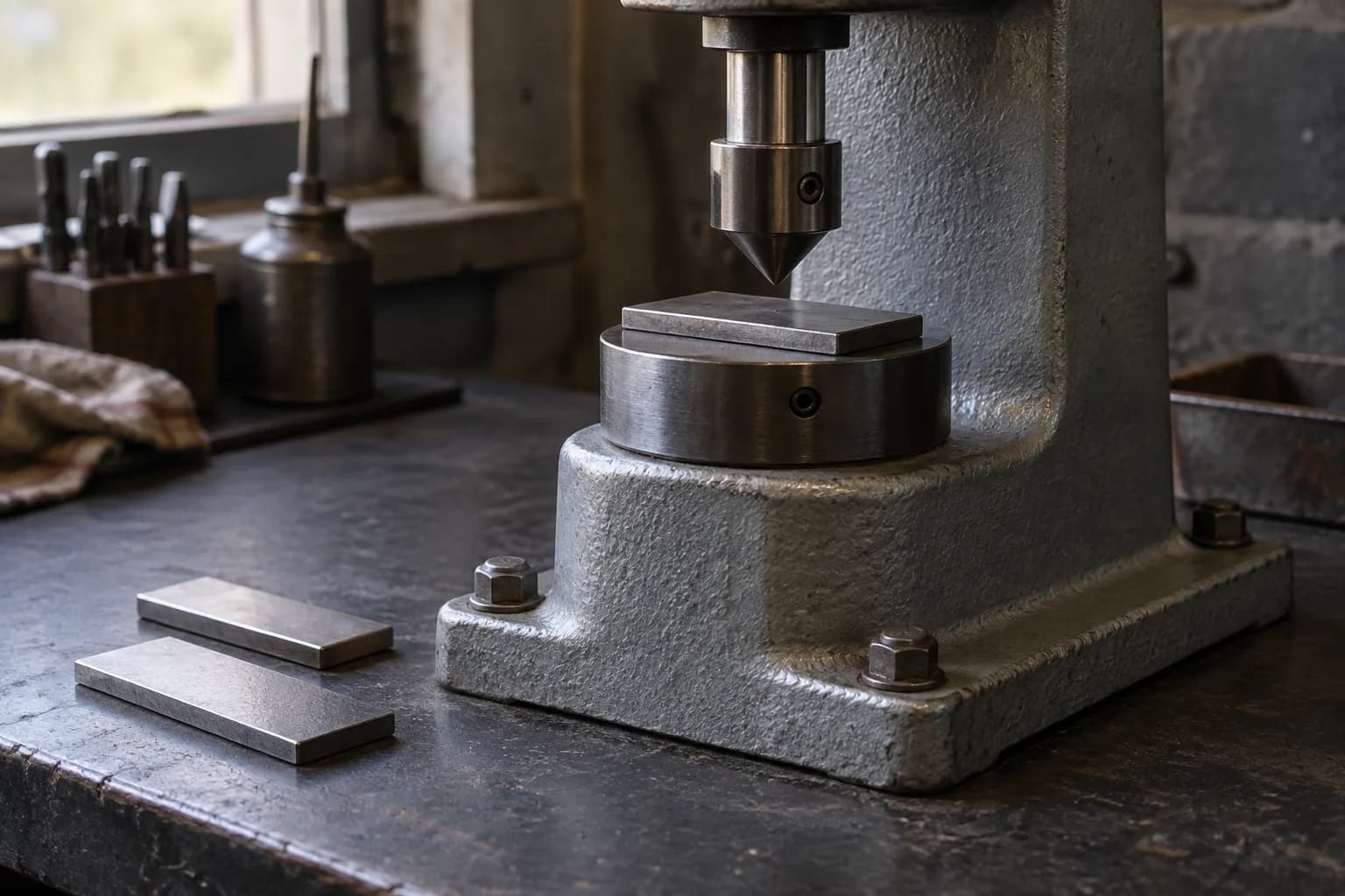 Bench hardness tester with a flat steel coupon on its anvil under a cone indenter; two spare coupons lie on the bench.